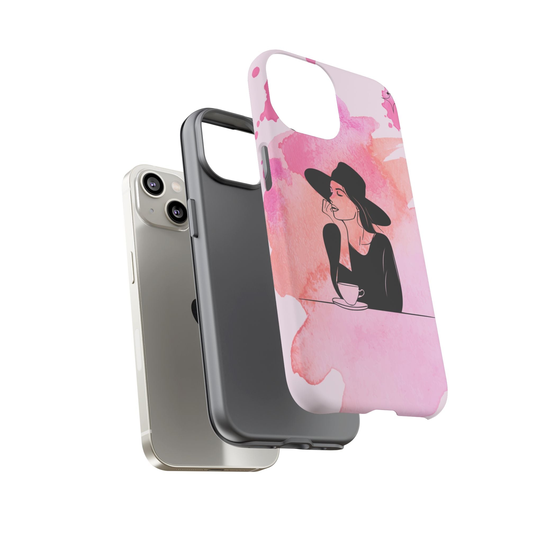 Coque de téléphone — Illustration de femme en aquarelle rose, housse de protection pour amateur de café