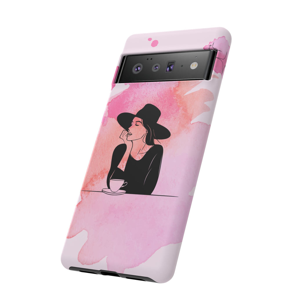 Coque de téléphone — Illustration de femme en aquarelle rose, housse de protection pour amateur de café