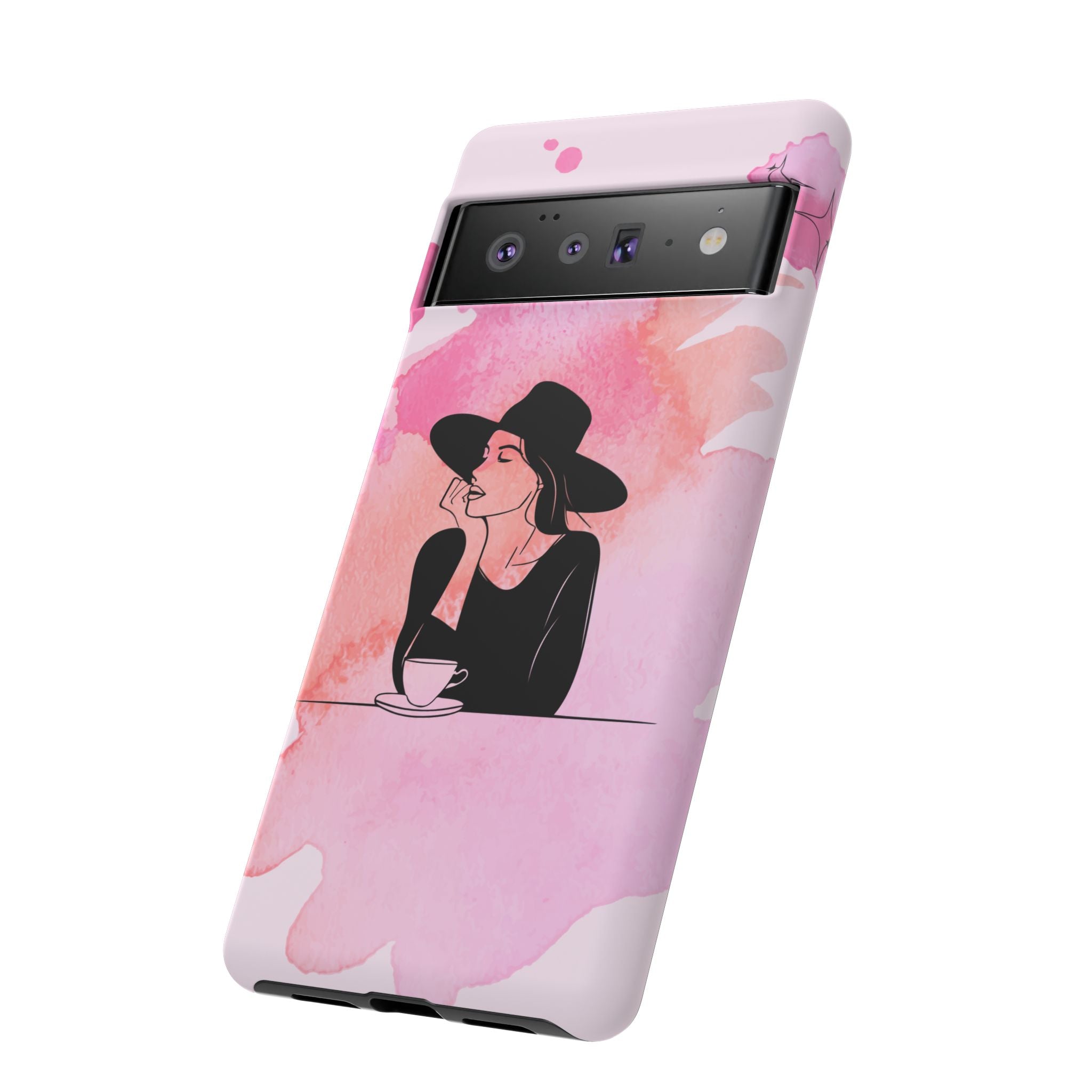 Coque de téléphone — Illustration de femme en aquarelle rose, housse de protection pour amateur de café