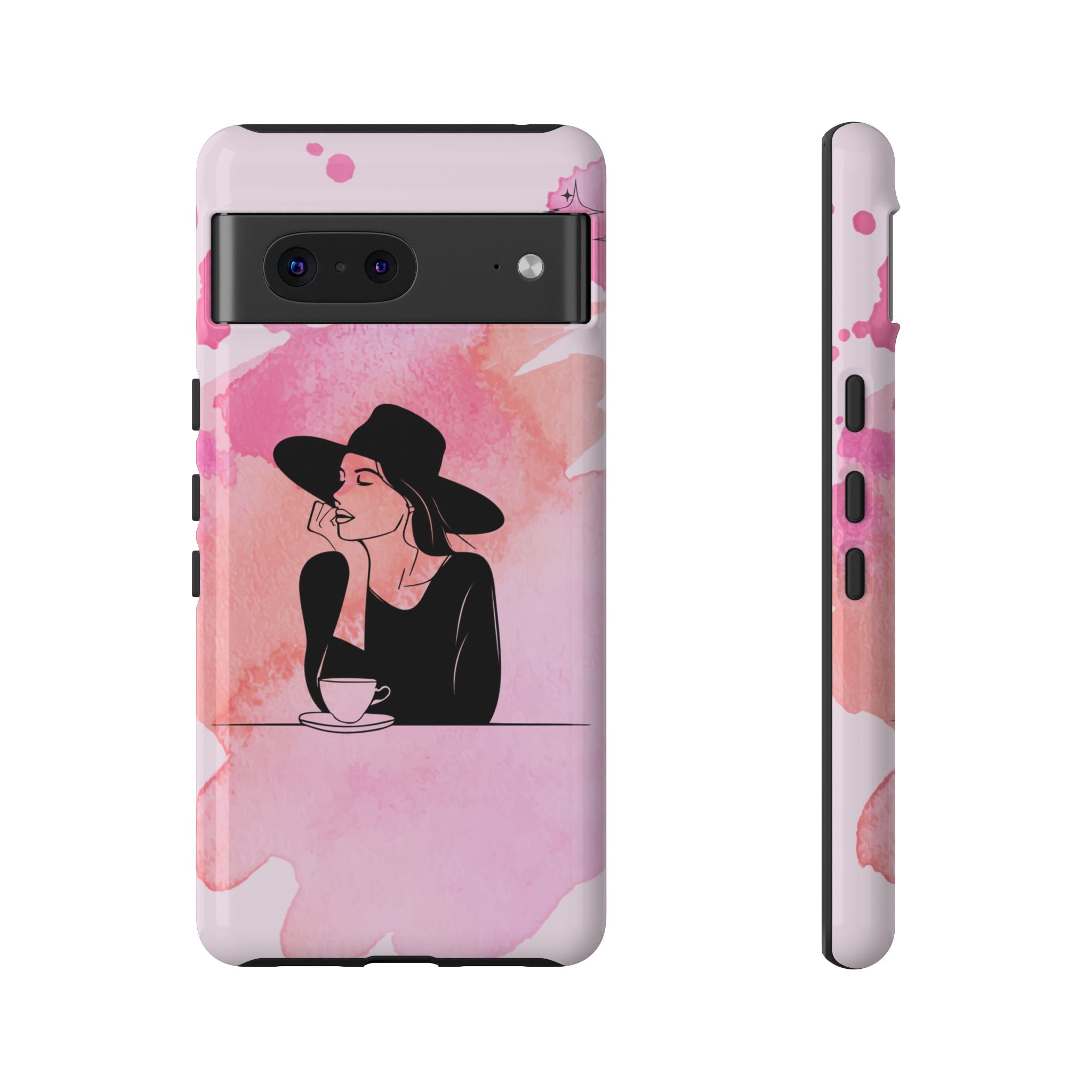 Coque de téléphone — Illustration de femme en aquarelle rose, housse de protection pour amateur de café