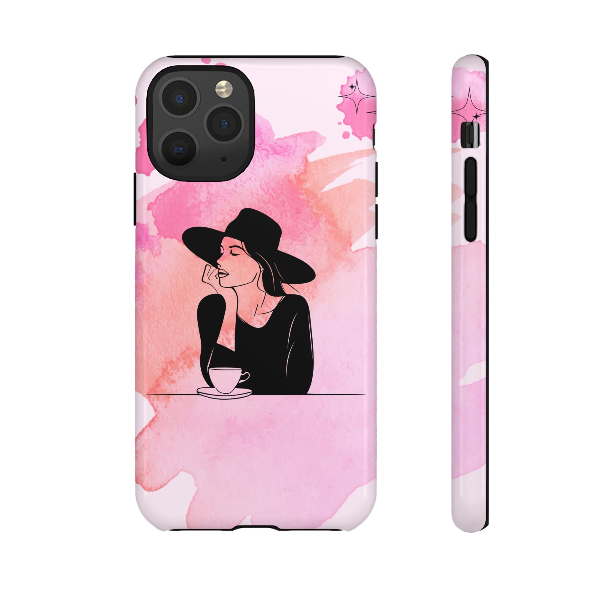 Coque de téléphone — Illustration de femme en aquarelle rose, housse de protection pour amateur de café
