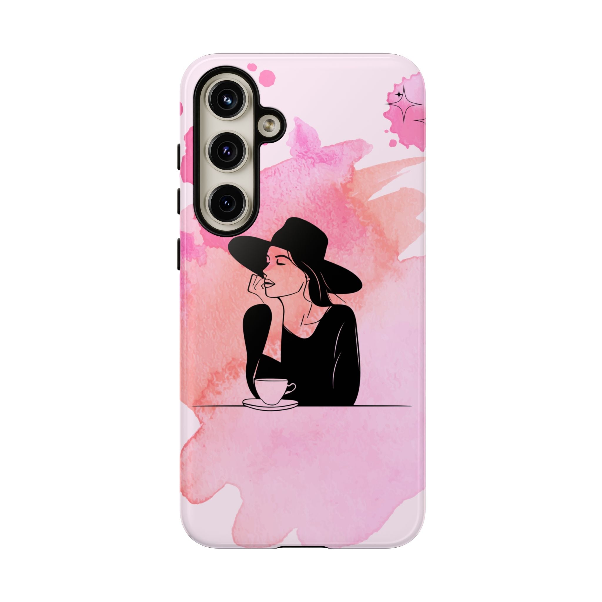 Coque de téléphone — Illustration de femme en aquarelle rose, housse de protection pour amateur de café