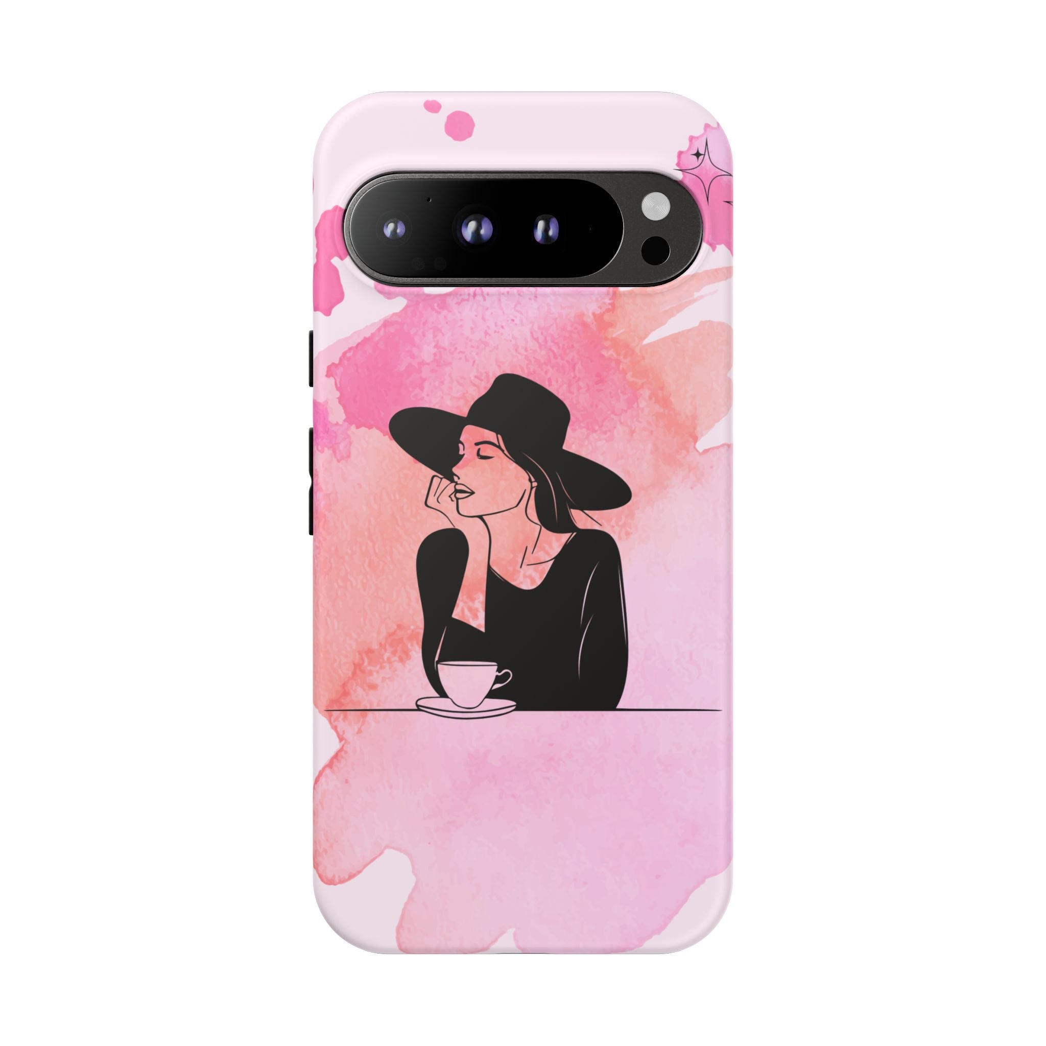 Coque de téléphone — Illustration de femme en aquarelle rose, housse de protection pour amateur de café