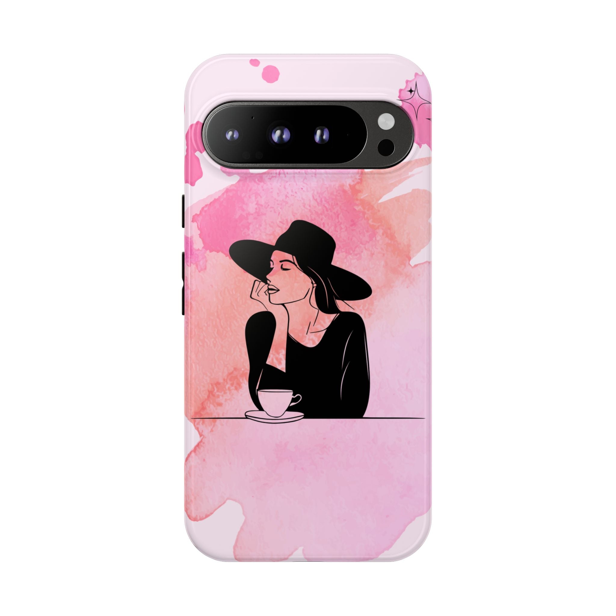 Coque de téléphone — Illustration de femme en aquarelle rose, housse de protection pour amateur de café