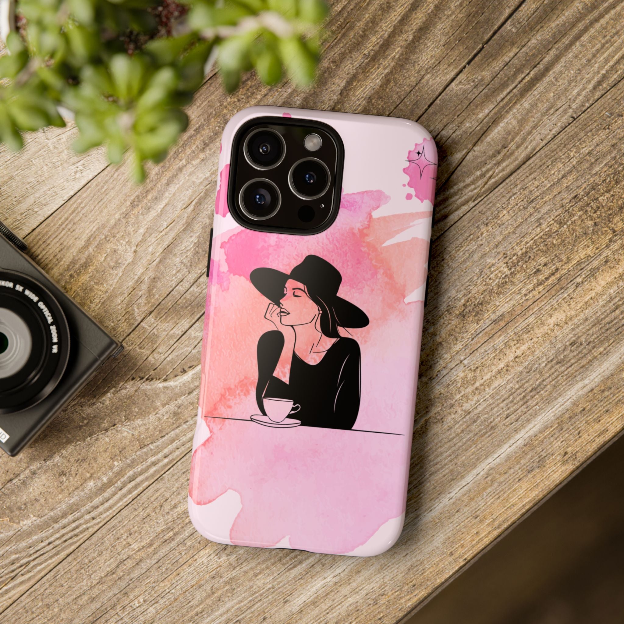 Coque de téléphone — Illustration de femme en aquarelle rose, housse de protection pour amateur de café