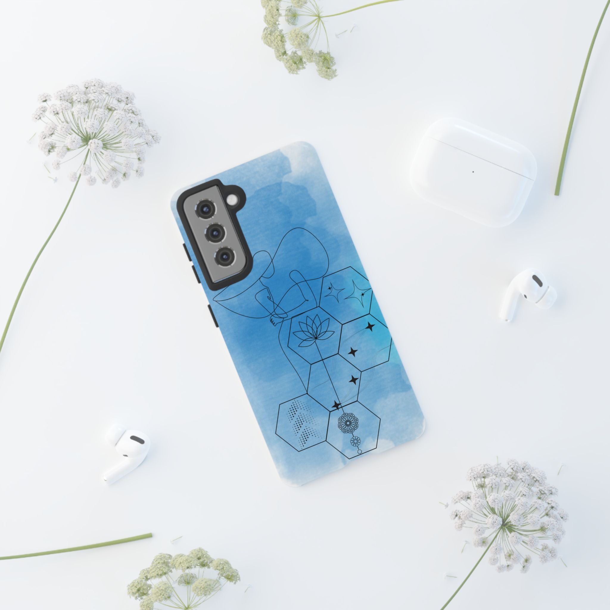 Coque de téléphone Abstraite bleue — Design Zen Lotus Hexagone