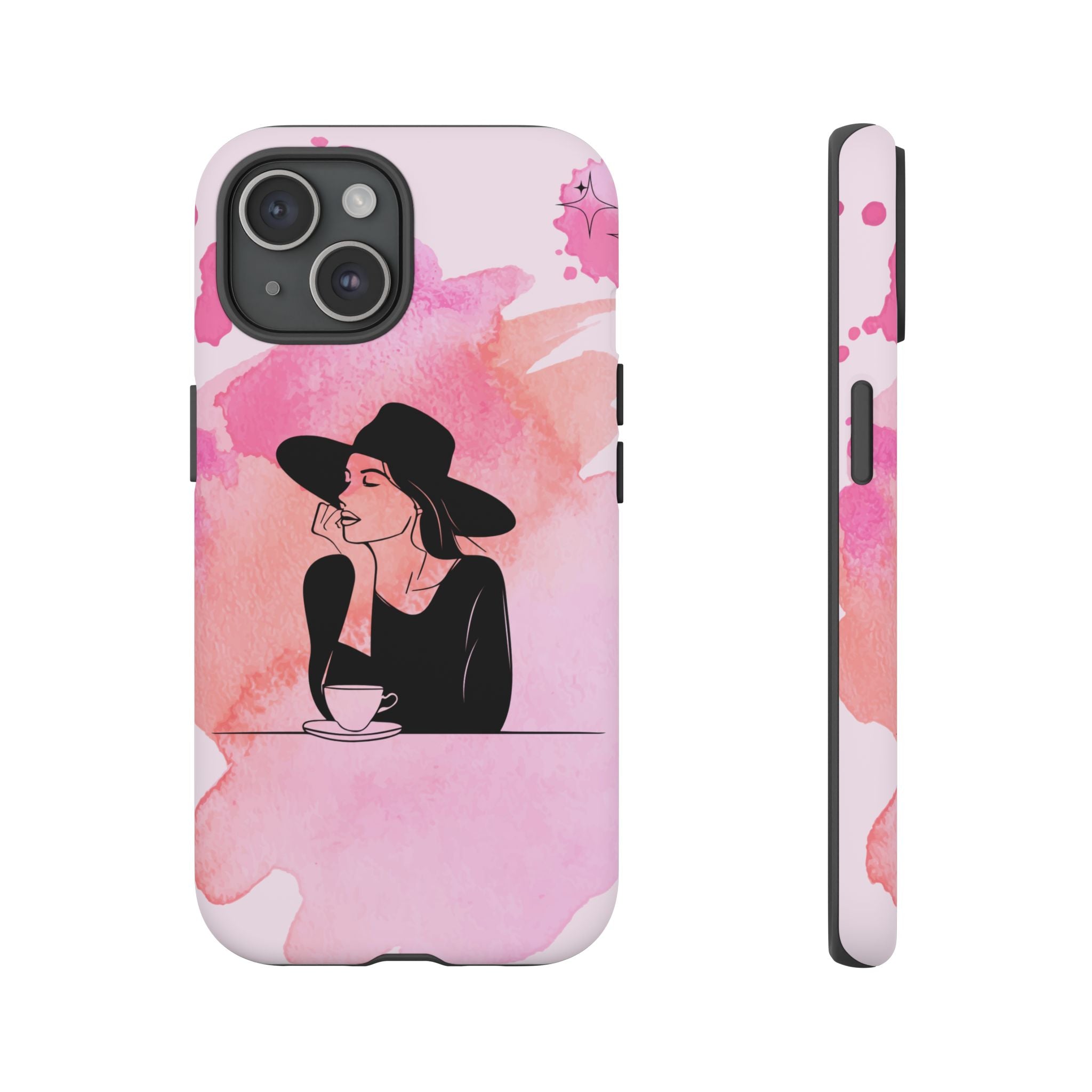 Coque de téléphone — Illustration de femme en aquarelle rose, housse de protection pour amateur de café