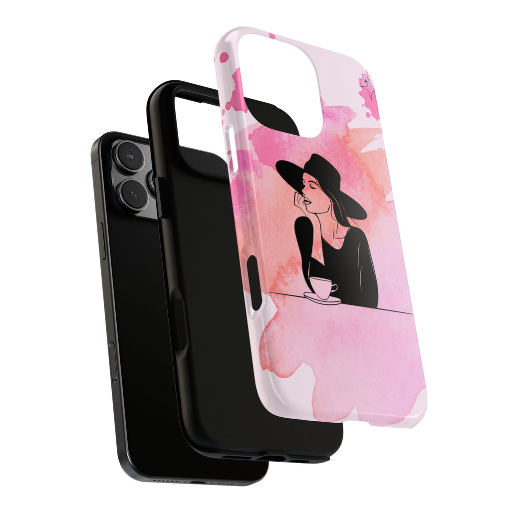 Coque de téléphone — Illustration de femme en aquarelle rose, housse de protection pour amateur de café