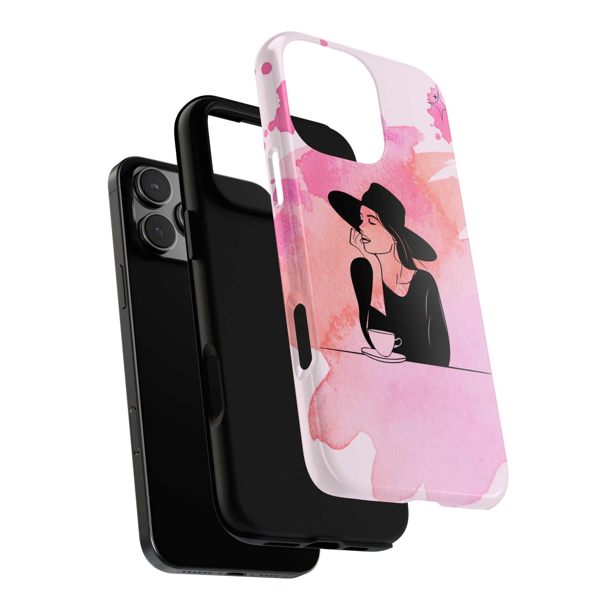 Coque de téléphone — Illustration de femme en aquarelle rose, housse de protection pour amateur de café