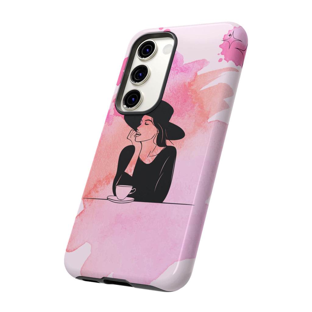 Coque de téléphone — Illustration de femme en aquarelle rose, housse de protection pour amateur de café