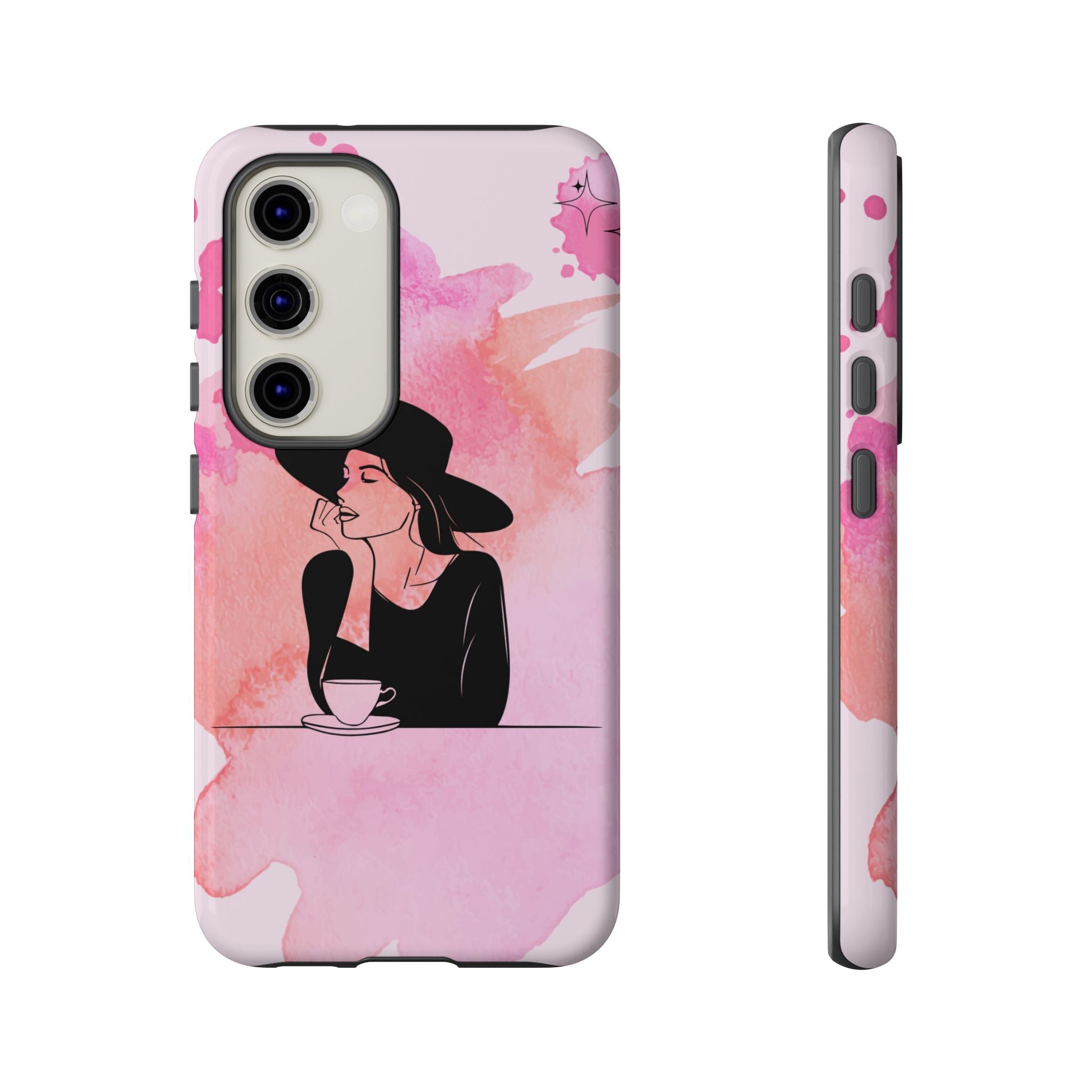Coque de téléphone — Illustration de femme en aquarelle rose, housse de protection pour amateur de café