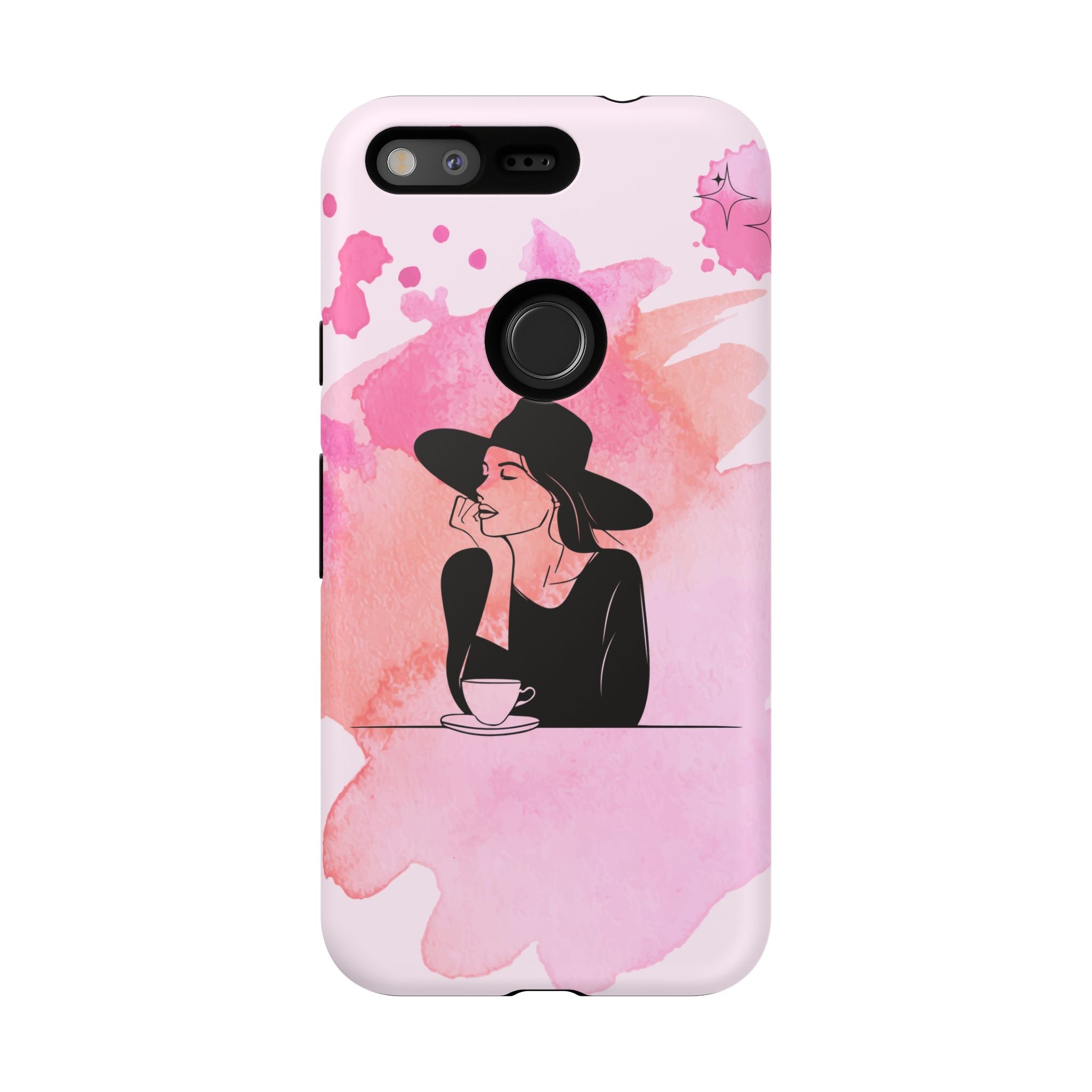 Coque de téléphone — Illustration de femme en aquarelle rose, housse de protection pour amateur de café