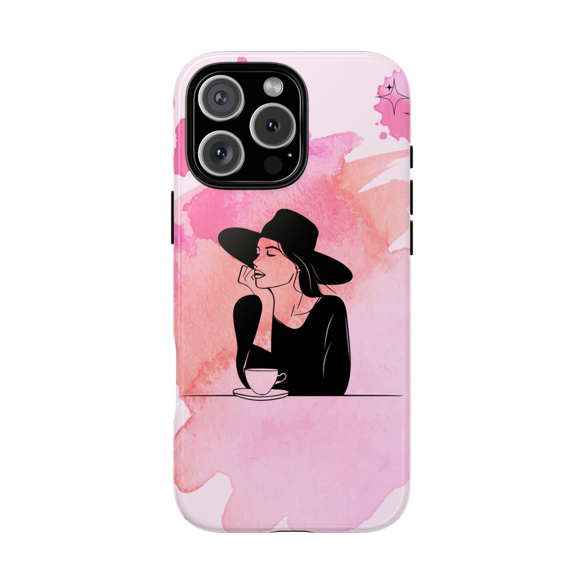 Coque de téléphone — Illustration de femme en aquarelle rose, housse de protection pour amateur de café