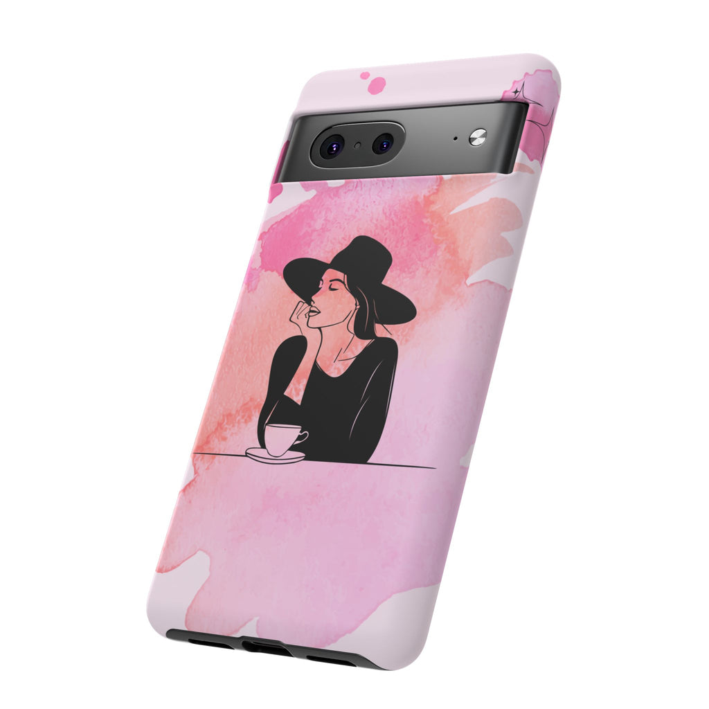 Coque de téléphone — Illustration de femme en aquarelle rose, housse de protection pour amateur de café