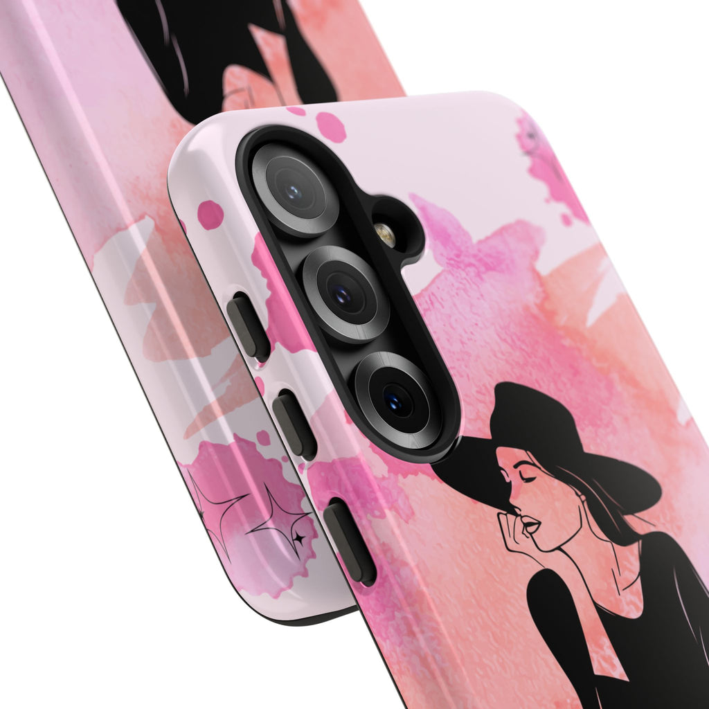 Coque de téléphone — Illustration de femme en aquarelle rose, housse de protection pour amateur de café