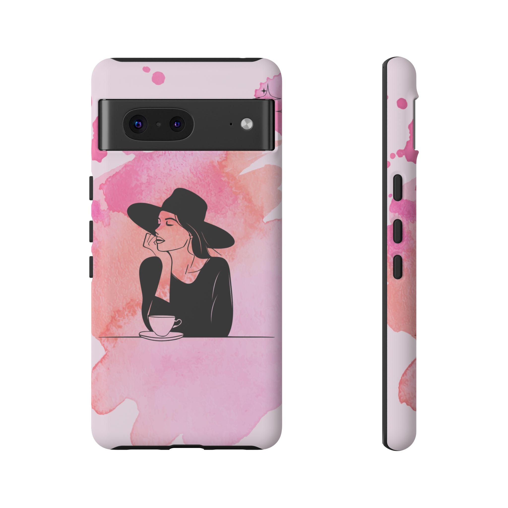 Coque de téléphone — Illustration de femme en aquarelle rose, housse de protection pour amateur de café