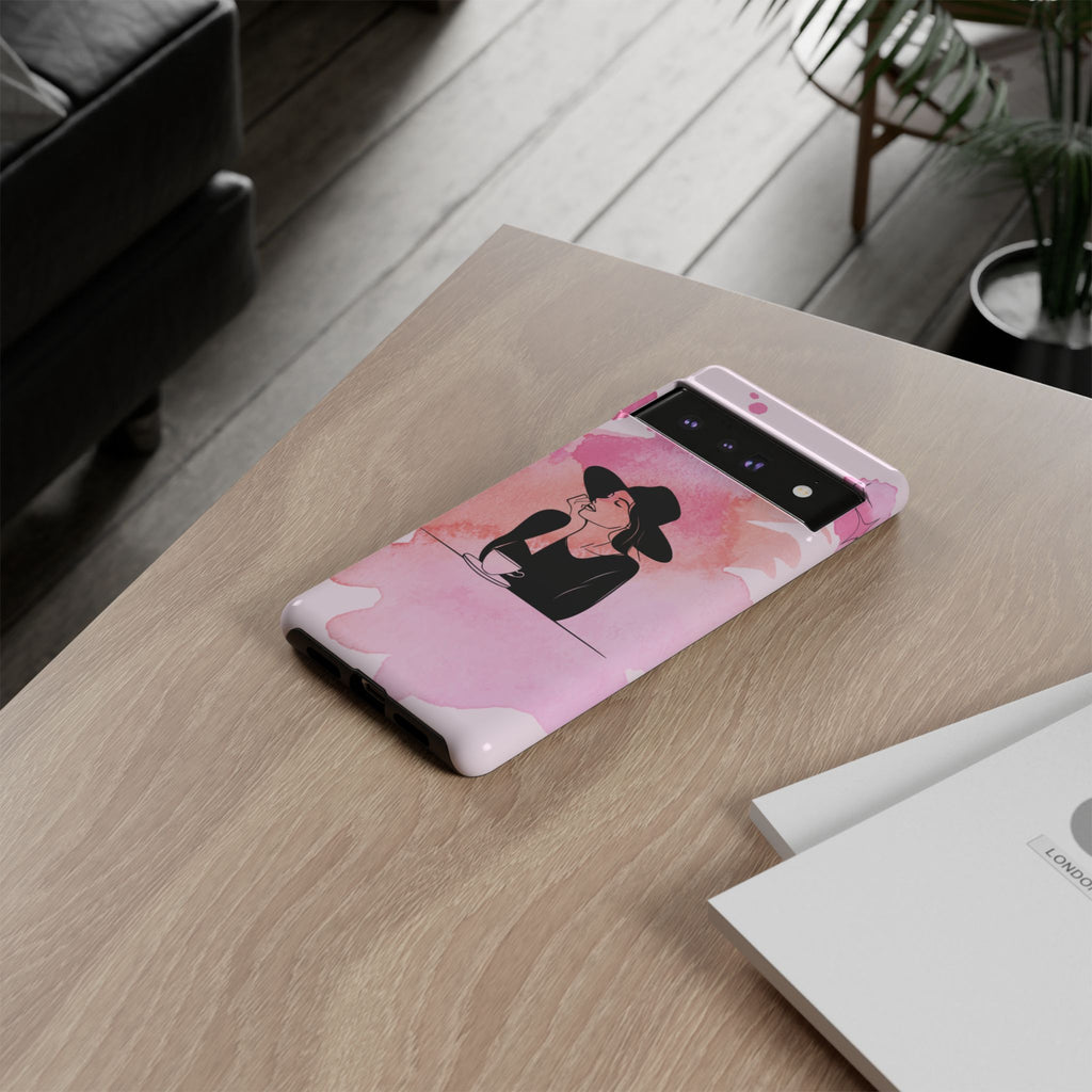 Coque de téléphone — Illustration de femme en aquarelle rose, housse de protection pour amateur de café