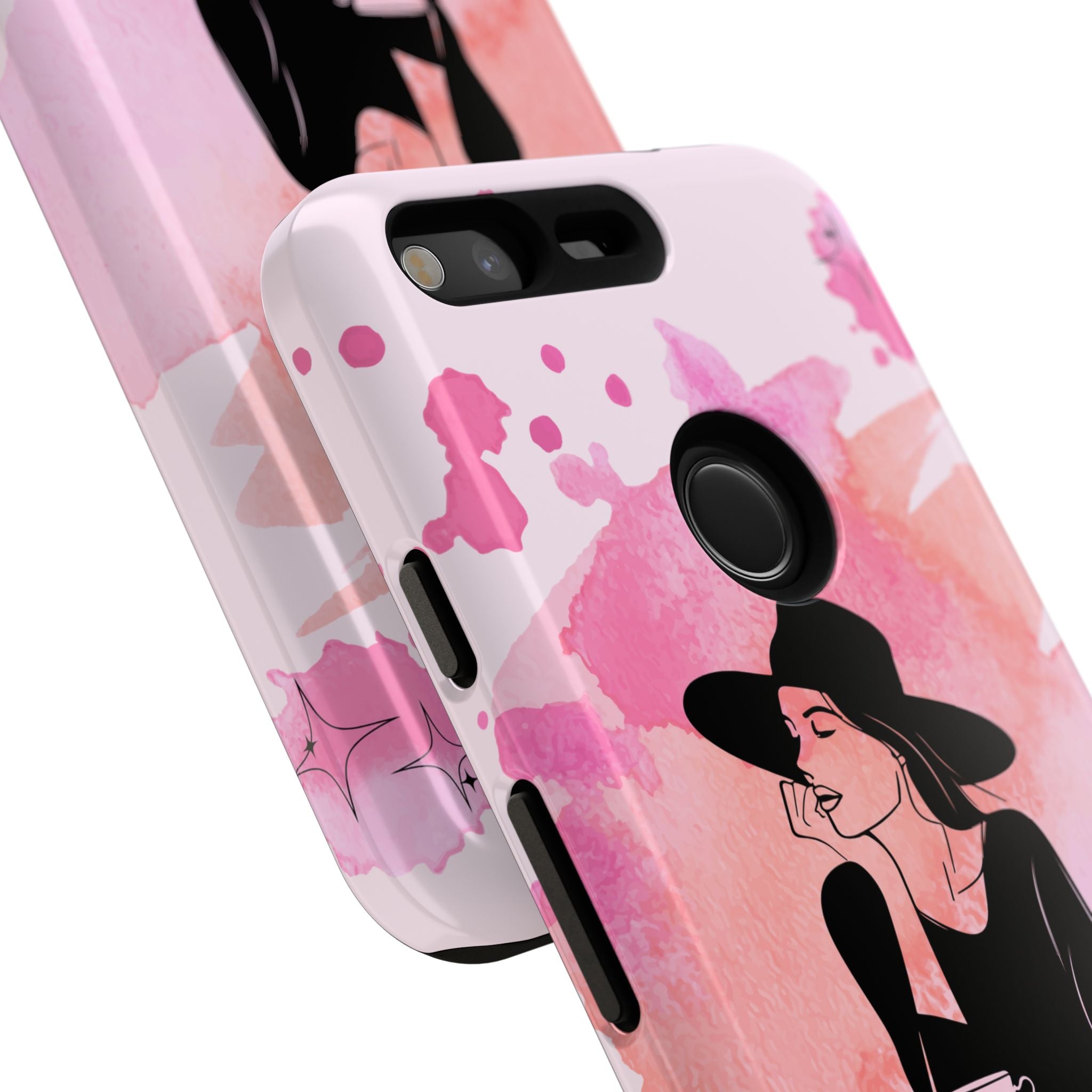 Coque de téléphone — Illustration de femme en aquarelle rose, housse de protection pour amateur de café