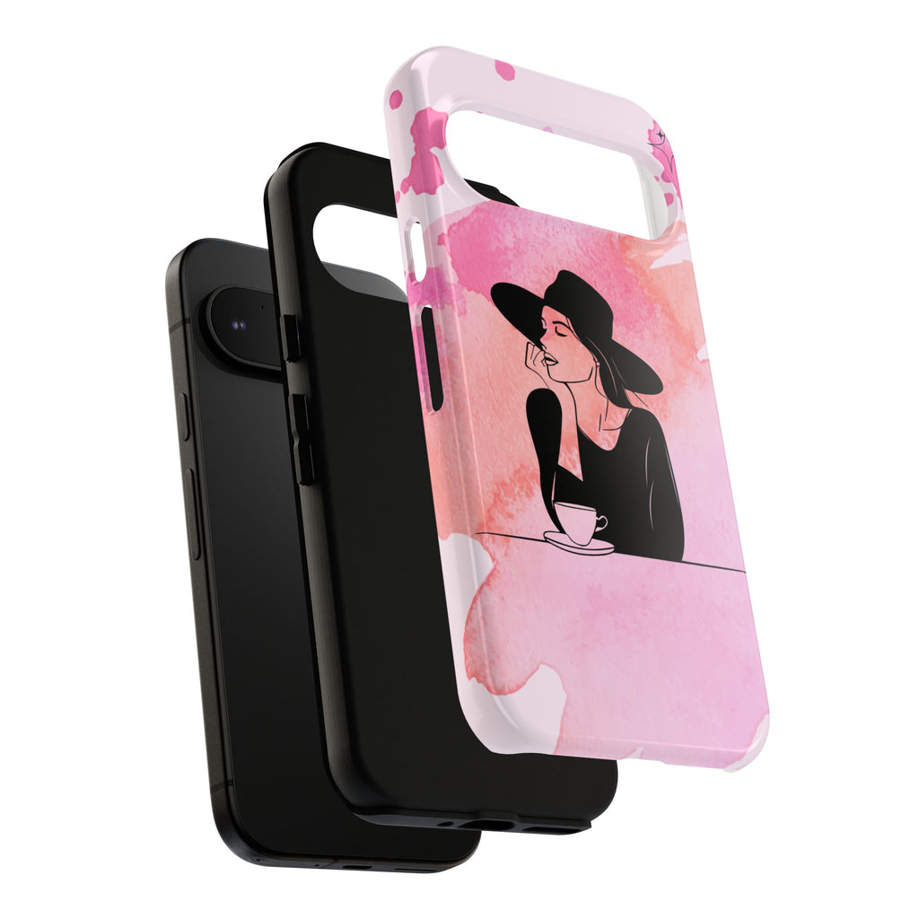 Coque de téléphone — Illustration de femme en aquarelle rose, housse de protection pour amateur de café
