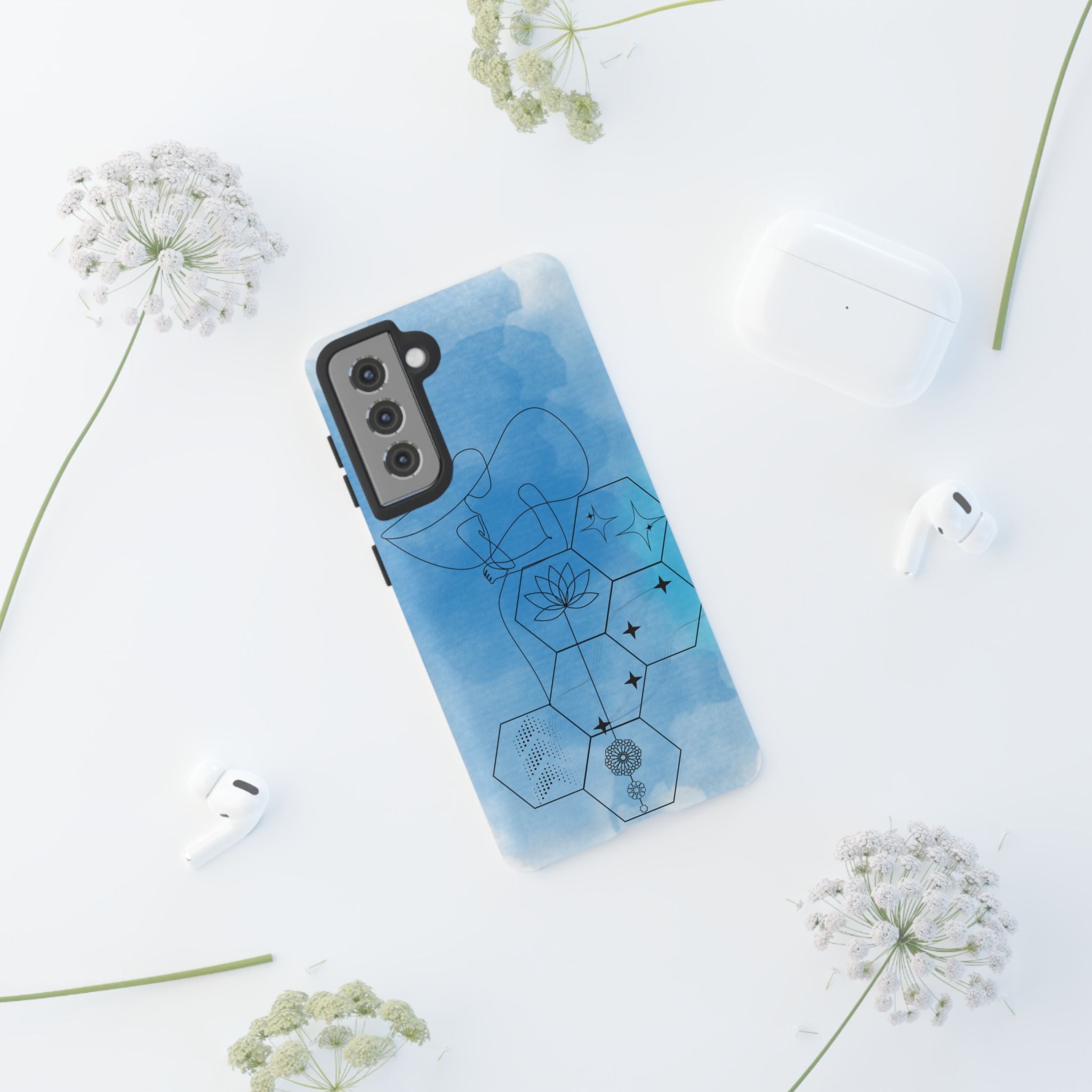 Coque de téléphone Abstraite bleue — Design Zen Lotus Hexagone