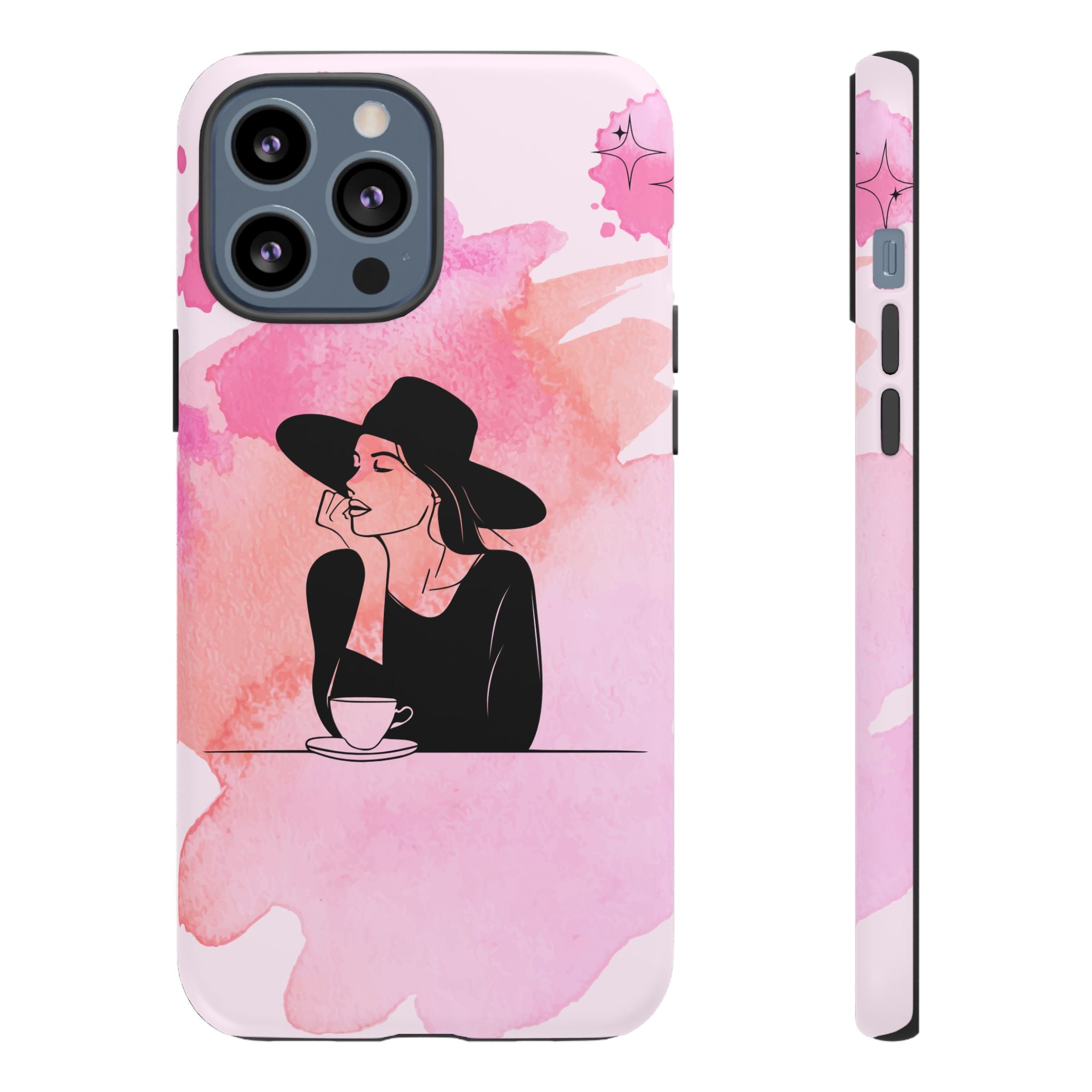 Coque de téléphone — Illustration de femme en aquarelle rose, housse de protection pour amateur de café