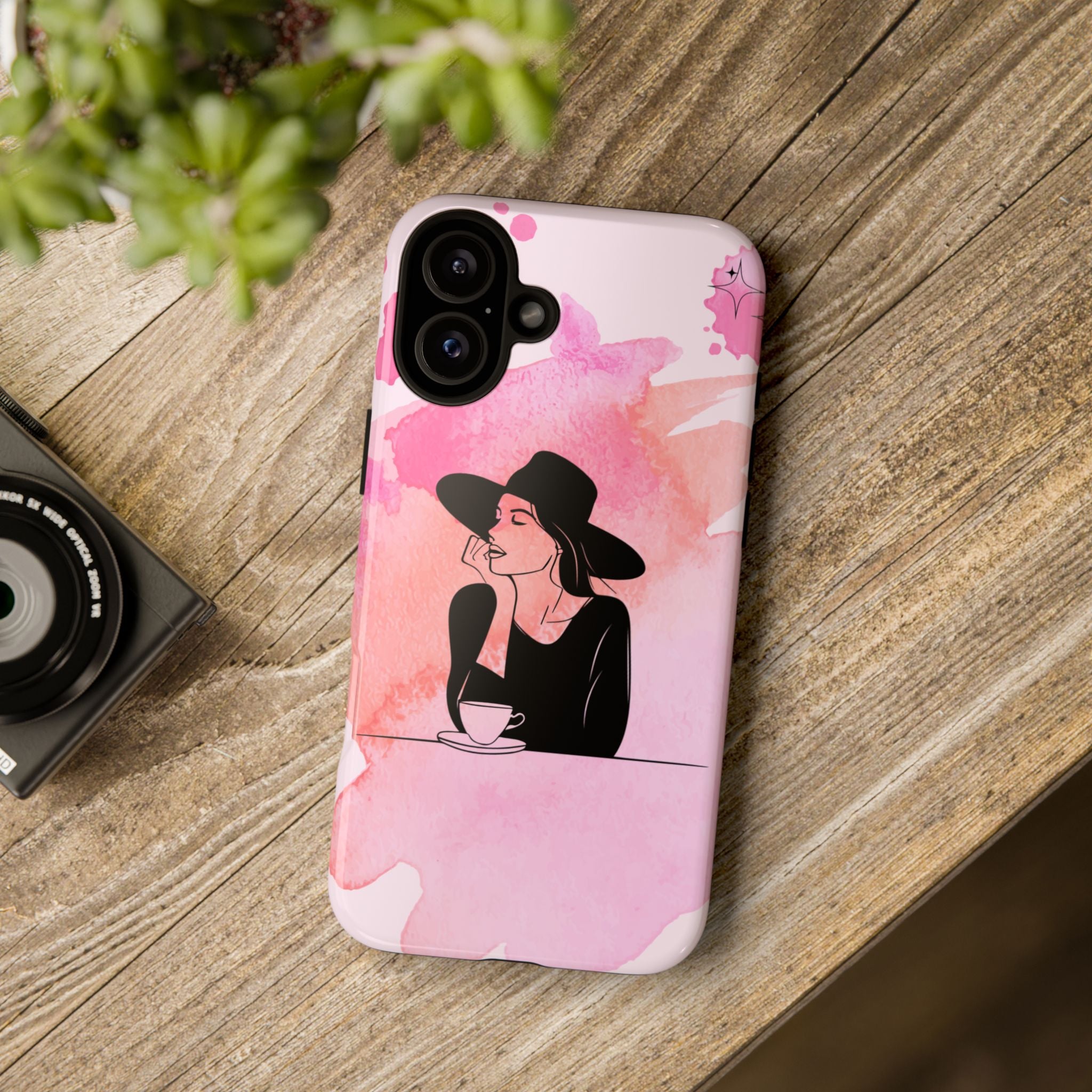 Coque de téléphone — Illustration de femme en aquarelle rose, housse de protection pour amateur de café