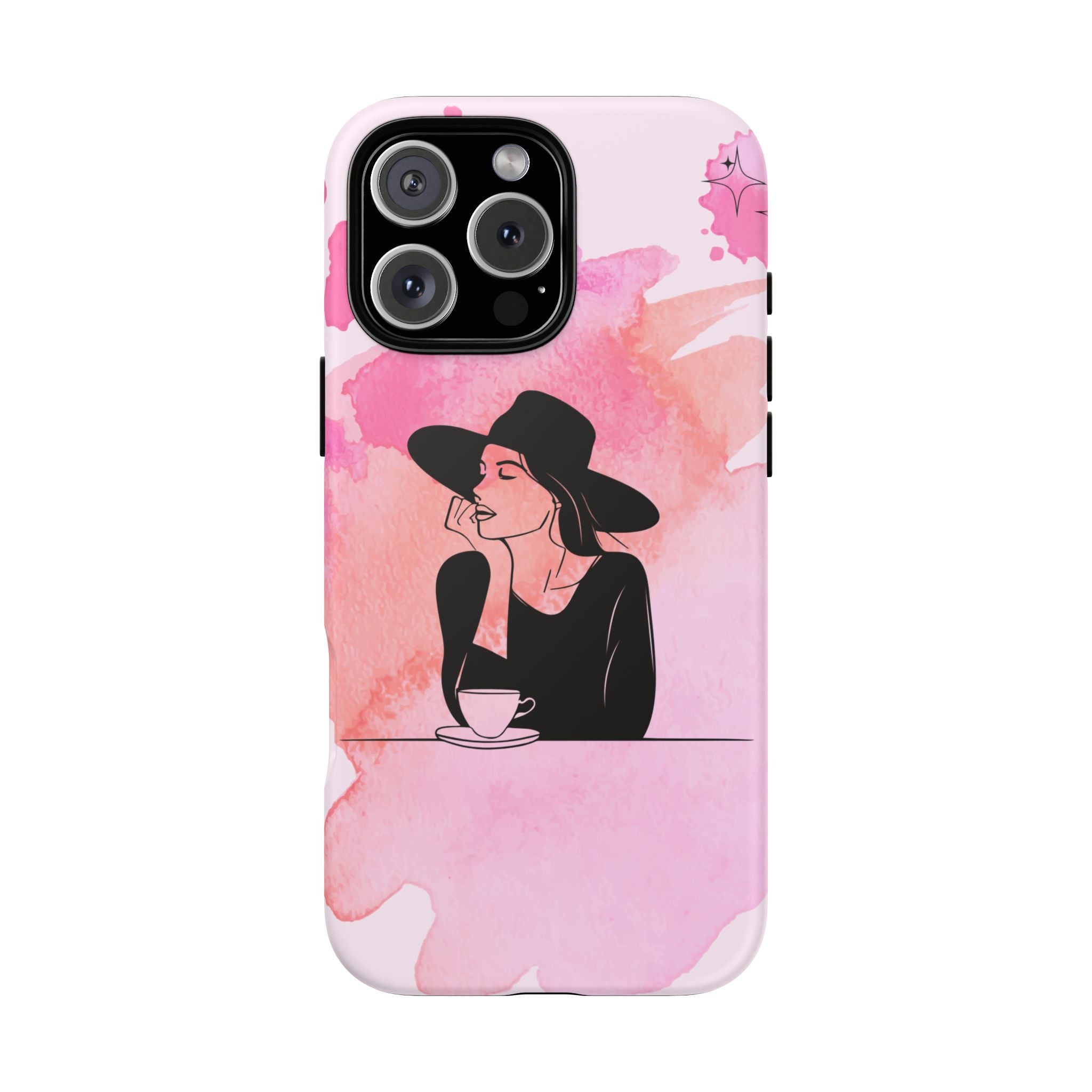 Coque de téléphone — Illustration de femme en aquarelle rose, housse de protection pour amateur de café