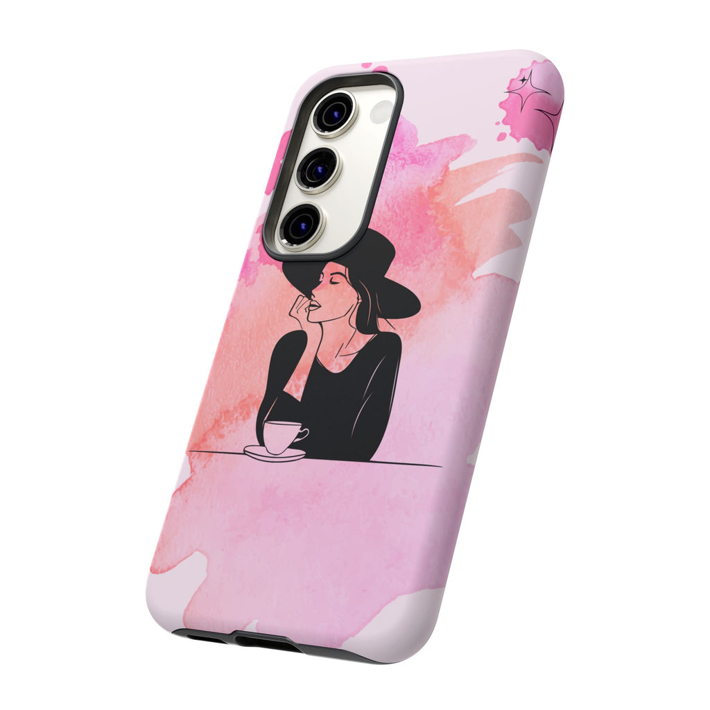 Coque de téléphone — Illustration de femme en aquarelle rose, housse de protection pour amateur de café