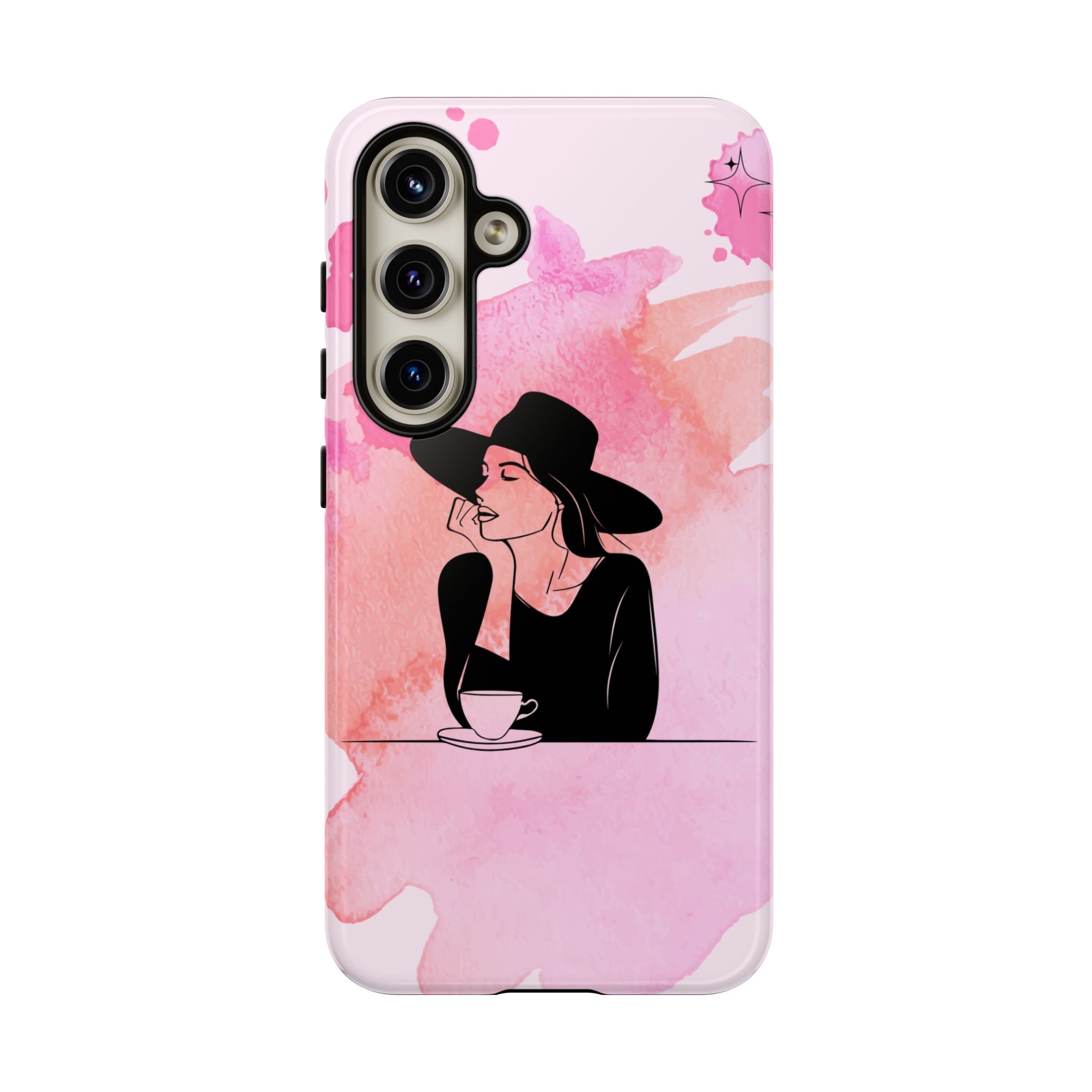 Coque de téléphone — Illustration de femme en aquarelle rose, housse de protection pour amateur de café