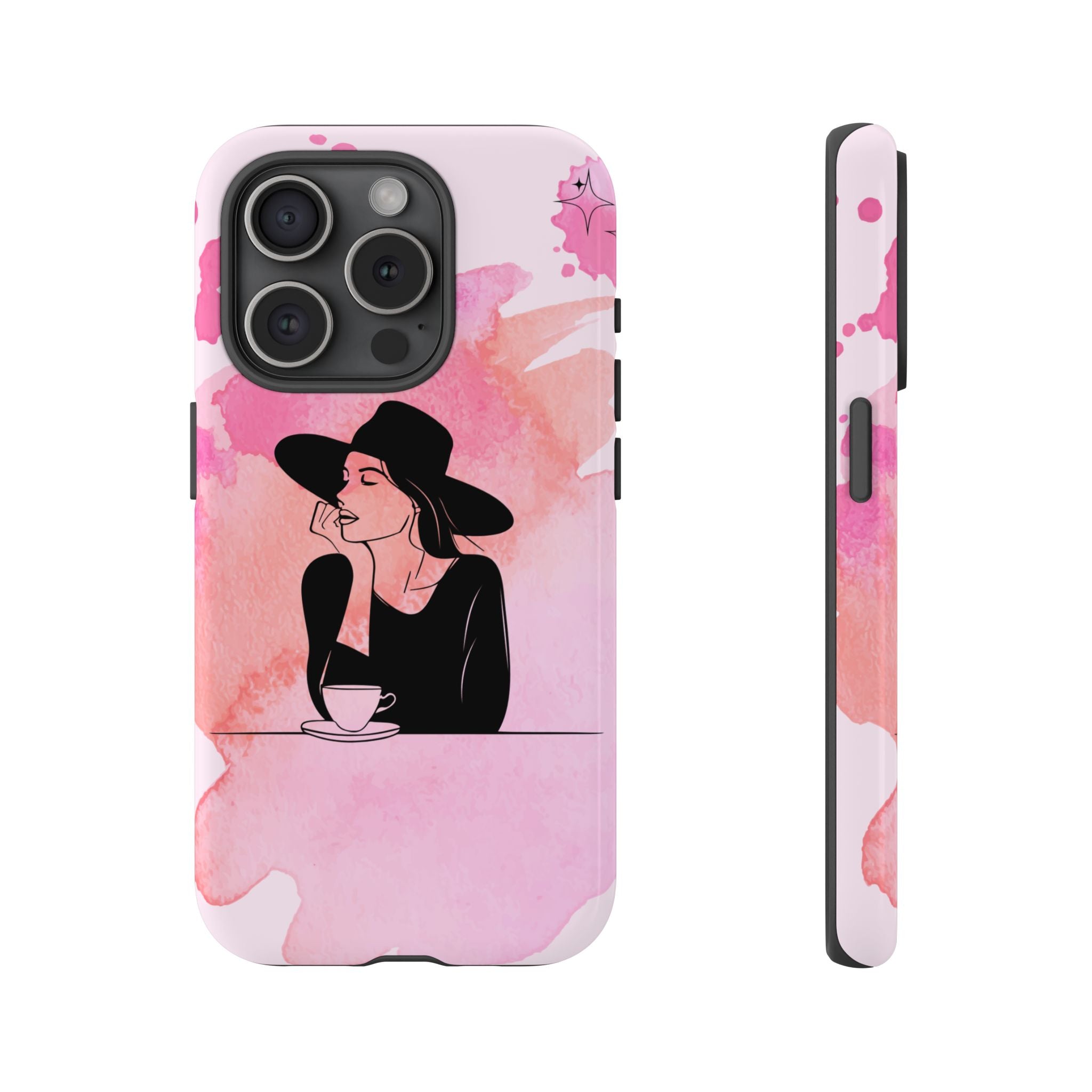 Coque de téléphone — Illustration de femme en aquarelle rose, housse de protection pour amateur de café