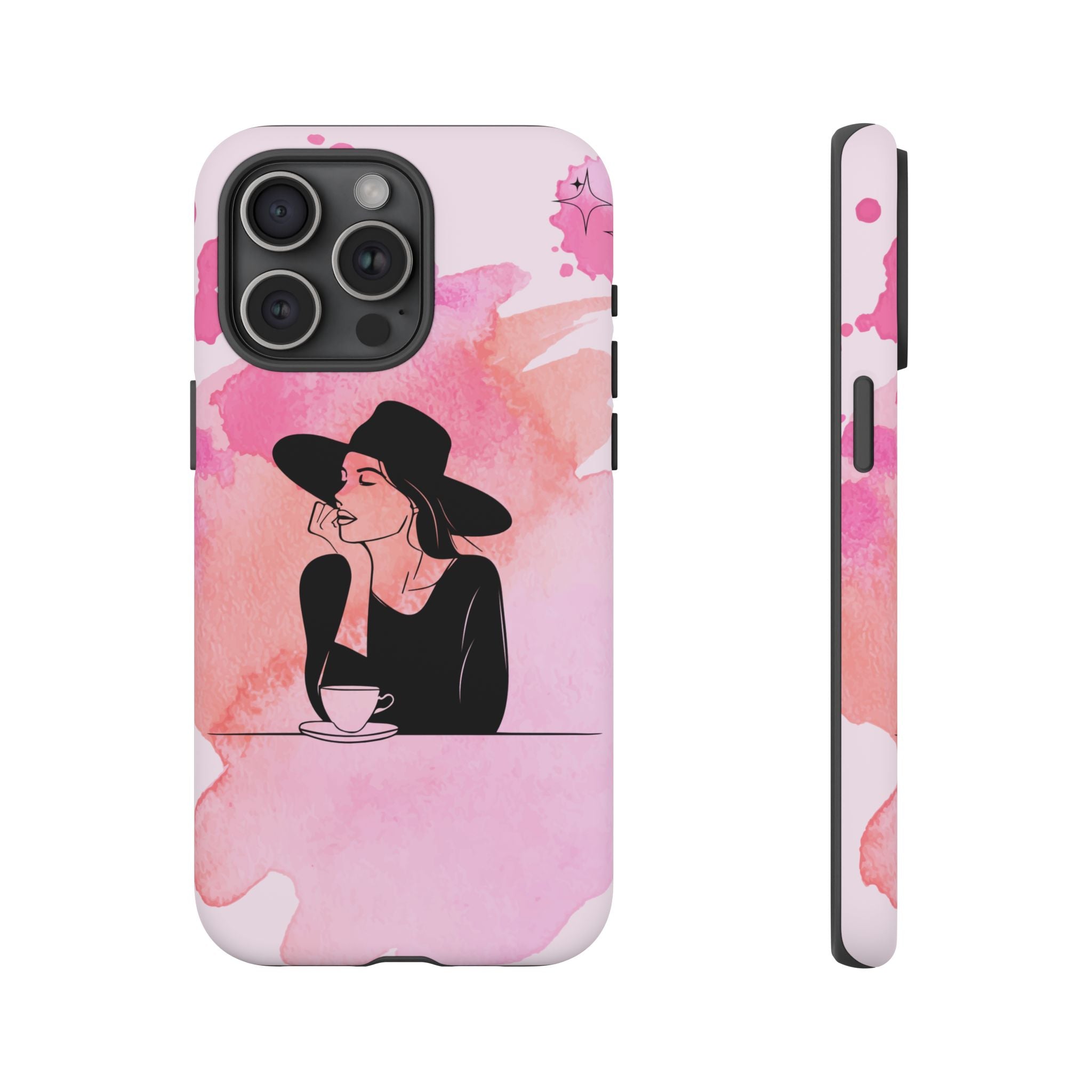 Coque de téléphone — Illustration de femme en aquarelle rose, housse de protection pour amateur de café