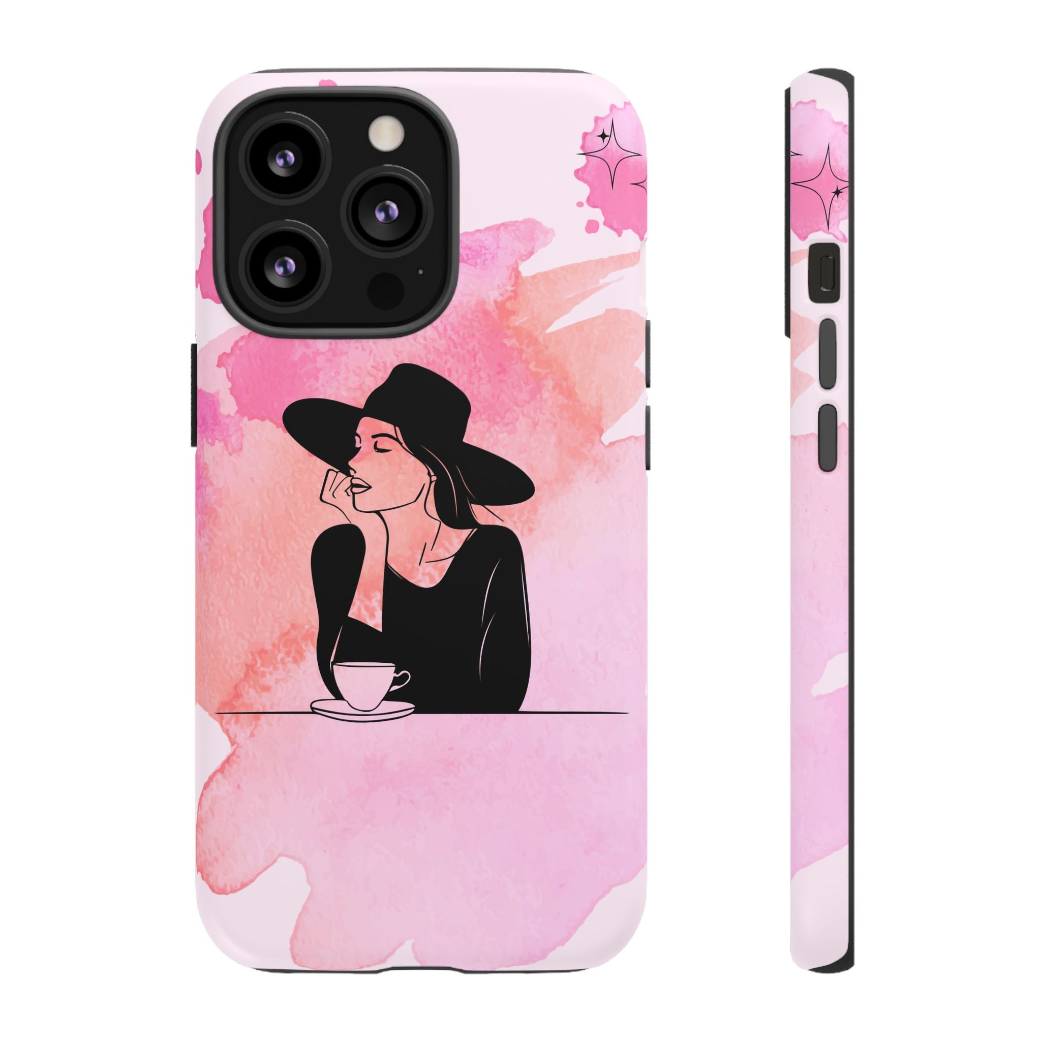 Coque de téléphone — Illustration de femme en aquarelle rose, housse de protection pour amateur de café
