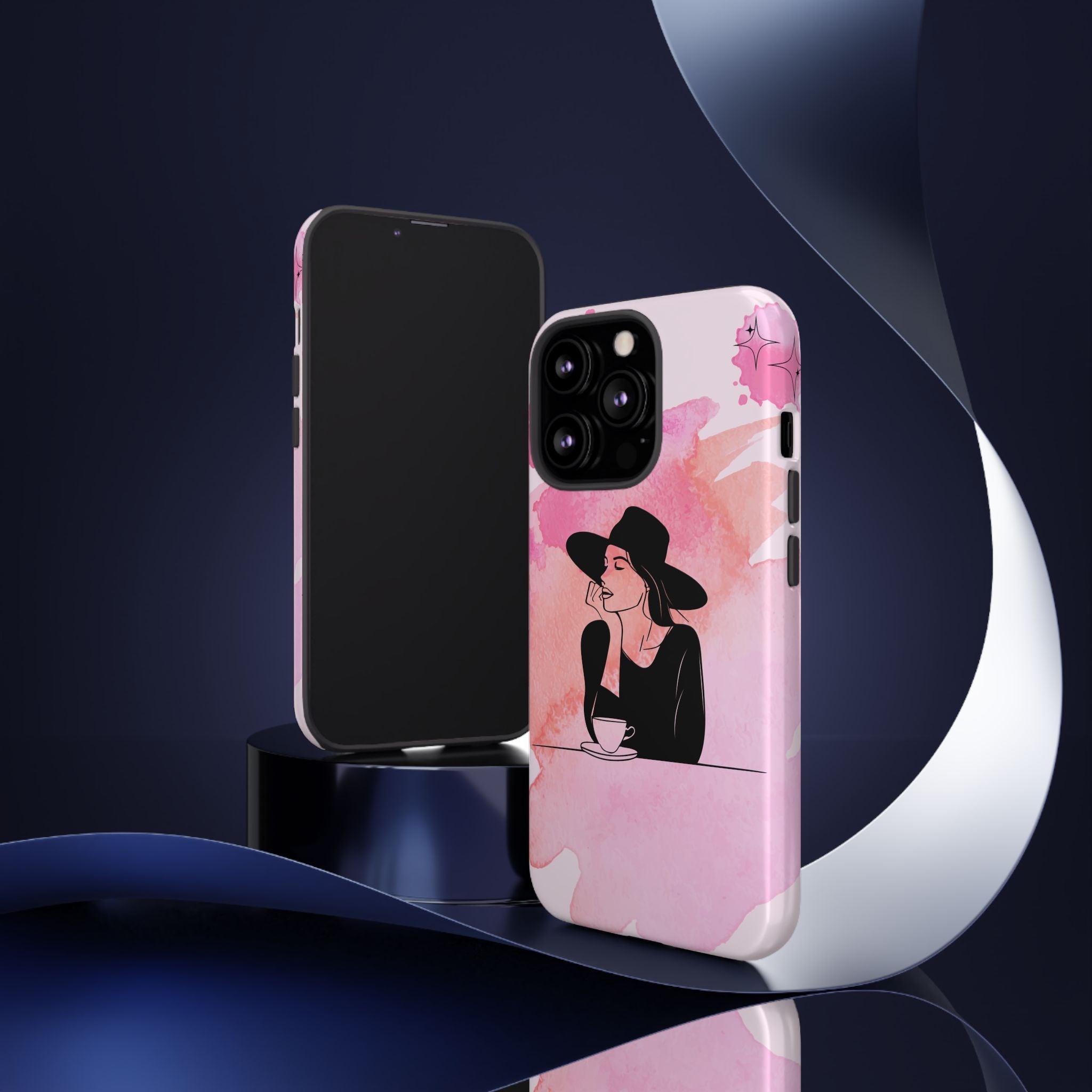 Coque de téléphone — Illustration de femme en aquarelle rose, housse de protection pour amateur de café