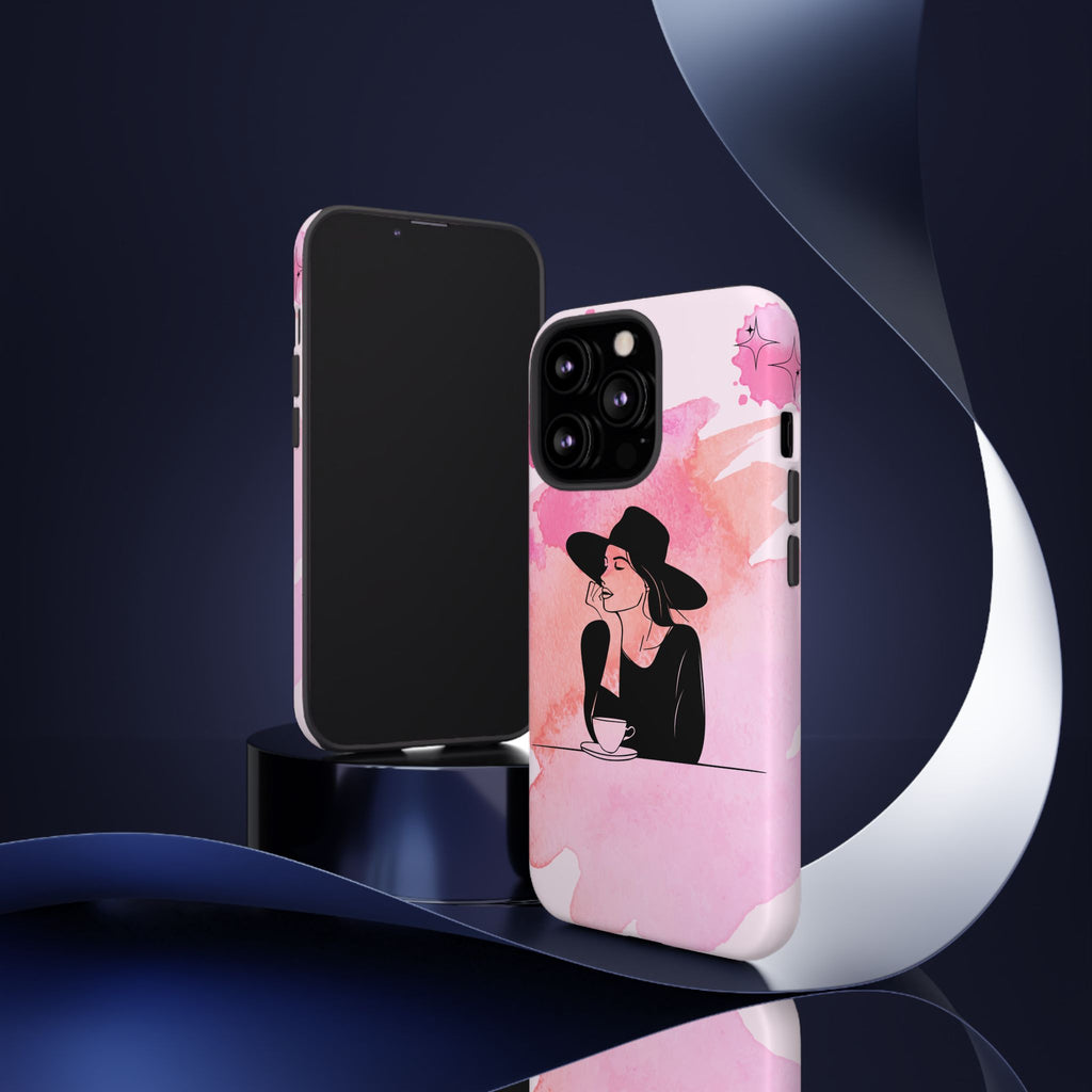 Coque de téléphone — Illustration de femme en aquarelle rose, housse de protection pour amateur de café