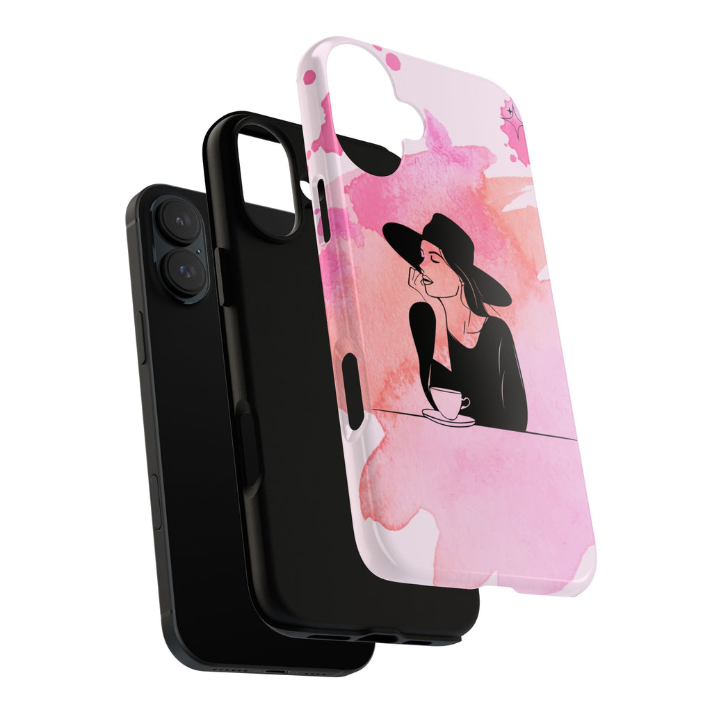 Coque de téléphone — Illustration de femme en aquarelle rose, housse de protection pour amateur de café