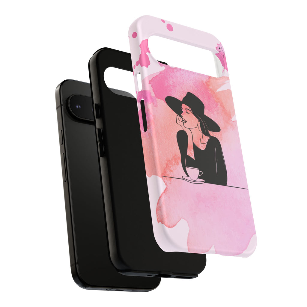 Coque de téléphone — Illustration de femme en aquarelle rose, housse de protection pour amateur de café