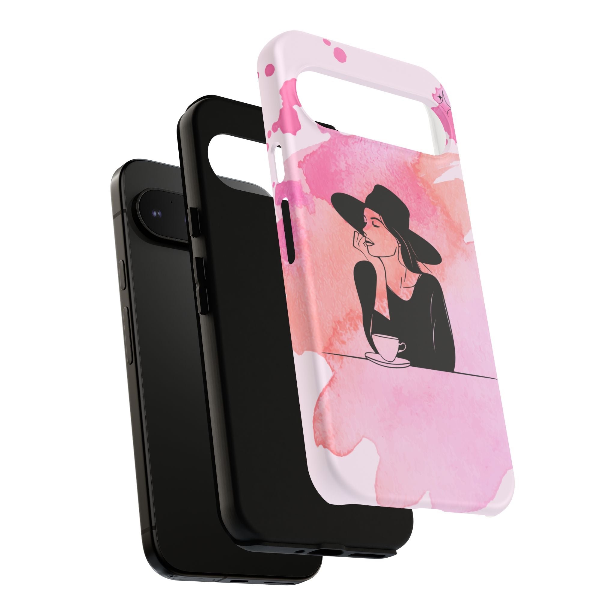 Coque de téléphone — Illustration de femme en aquarelle rose, housse de protection pour amateur de café