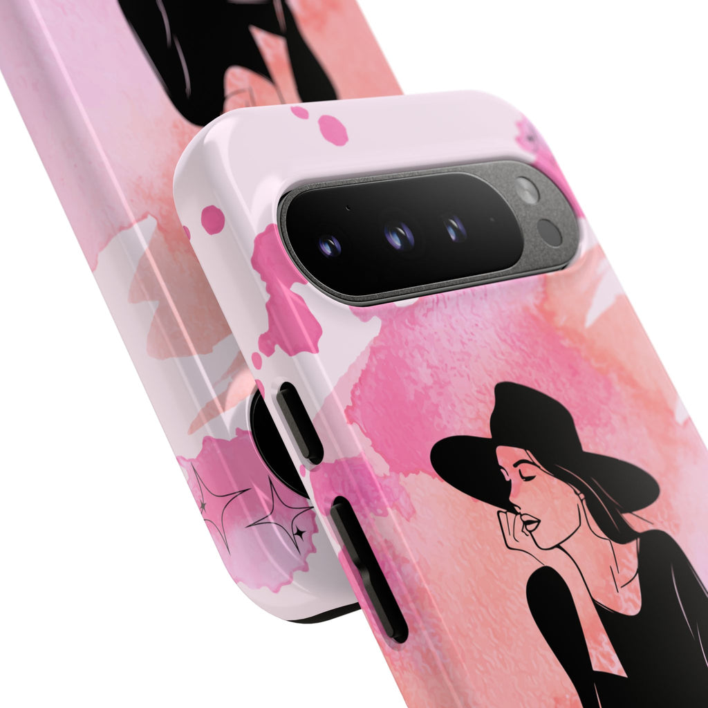 Coque de téléphone — Illustration de femme en aquarelle rose, housse de protection pour amateur de café