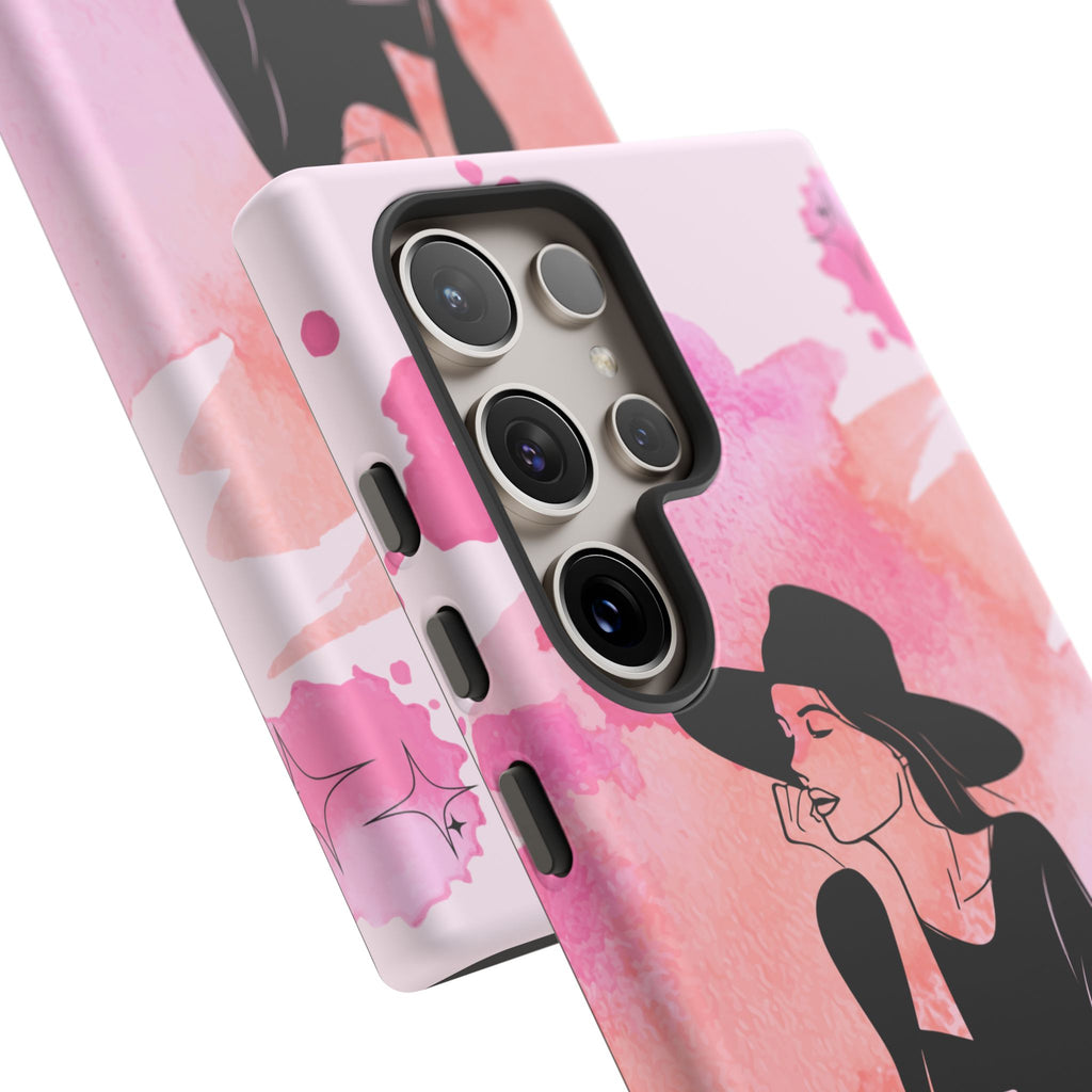 Coque de téléphone — Illustration de femme en aquarelle rose, housse de protection pour amateur de café