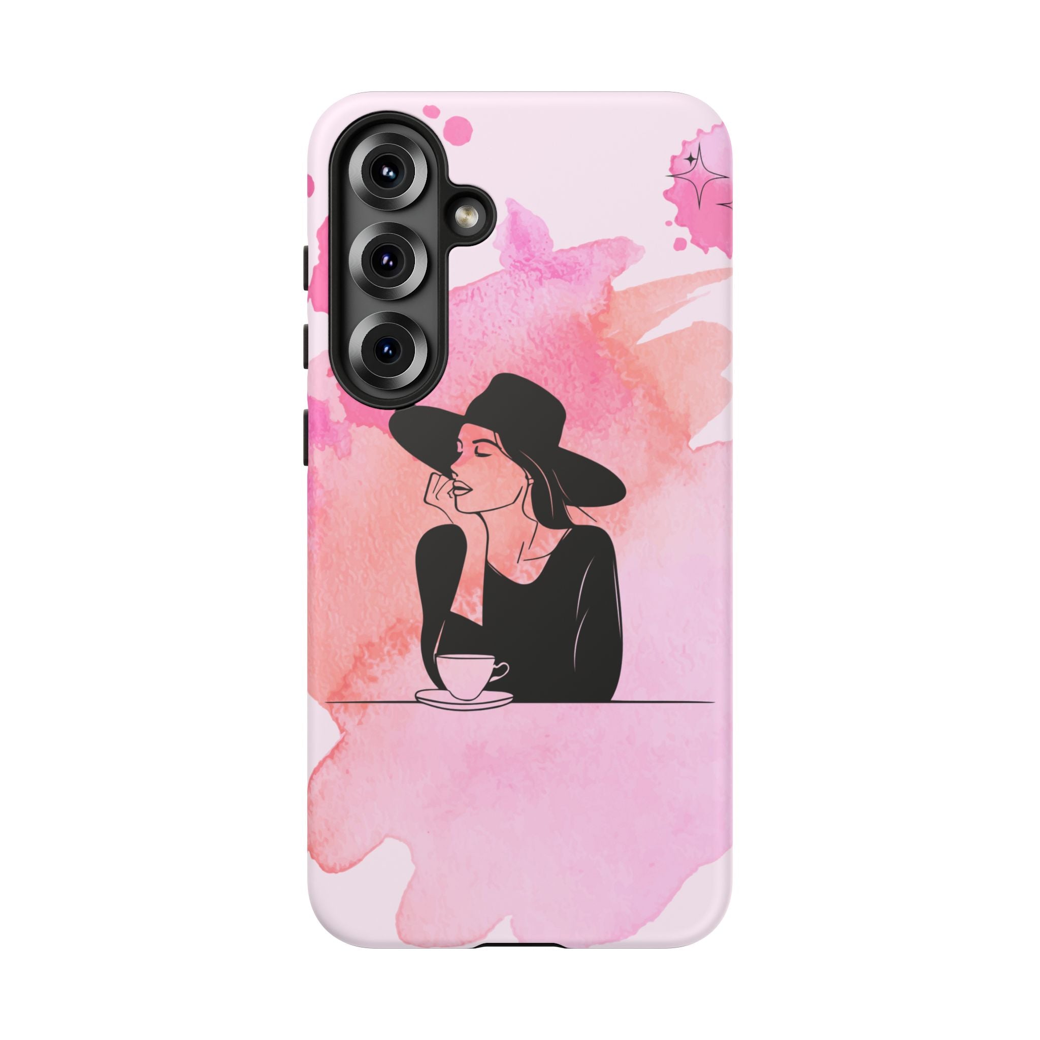 Coque de téléphone — Illustration de femme en aquarelle rose, housse de protection pour amateur de café