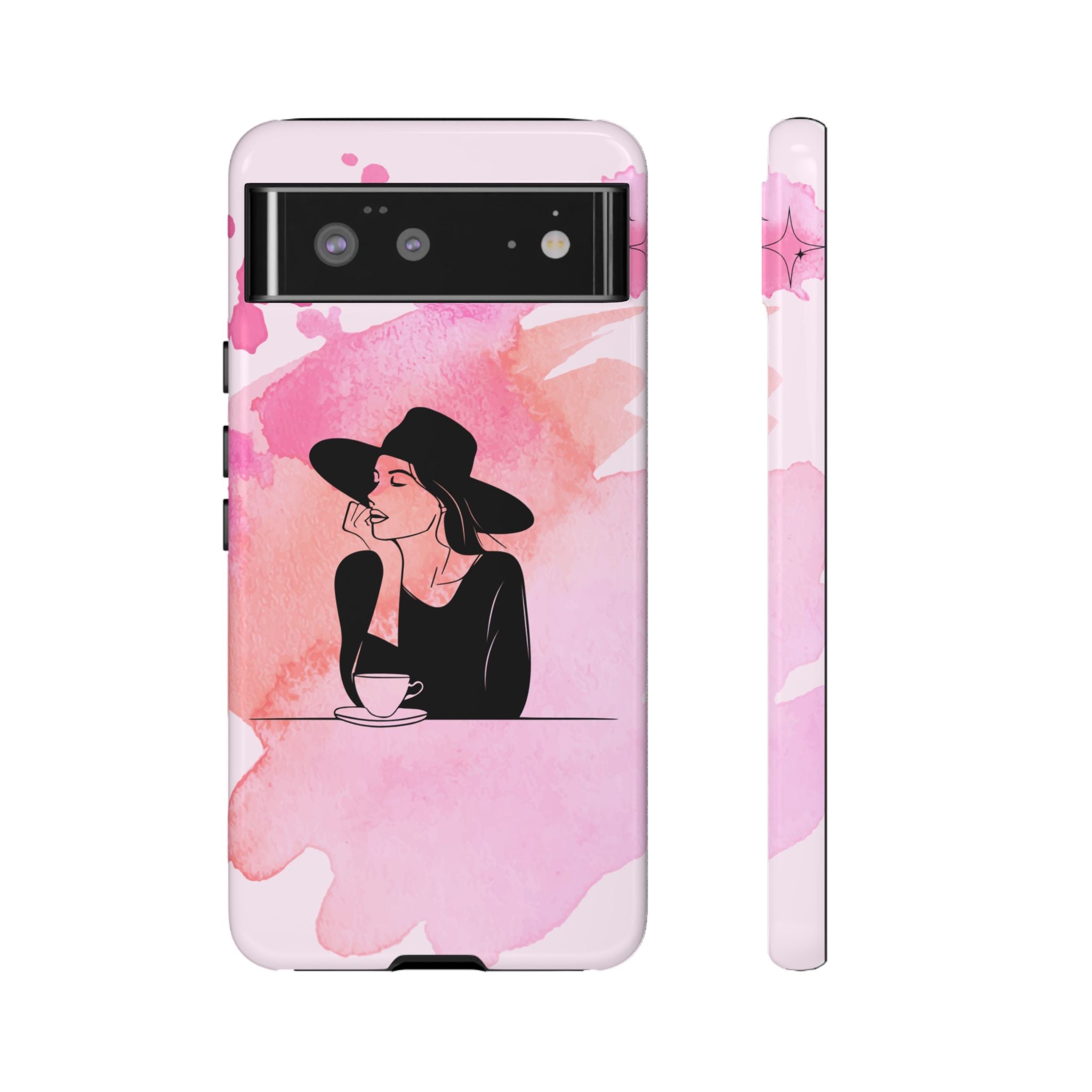 Coque de téléphone — Illustration de femme en aquarelle rose, housse de protection pour amateur de café