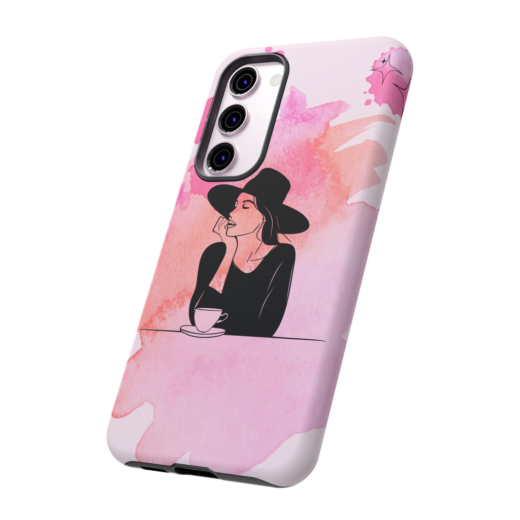 Coque de téléphone — Illustration de femme en aquarelle rose, housse de protection pour amateur de café
