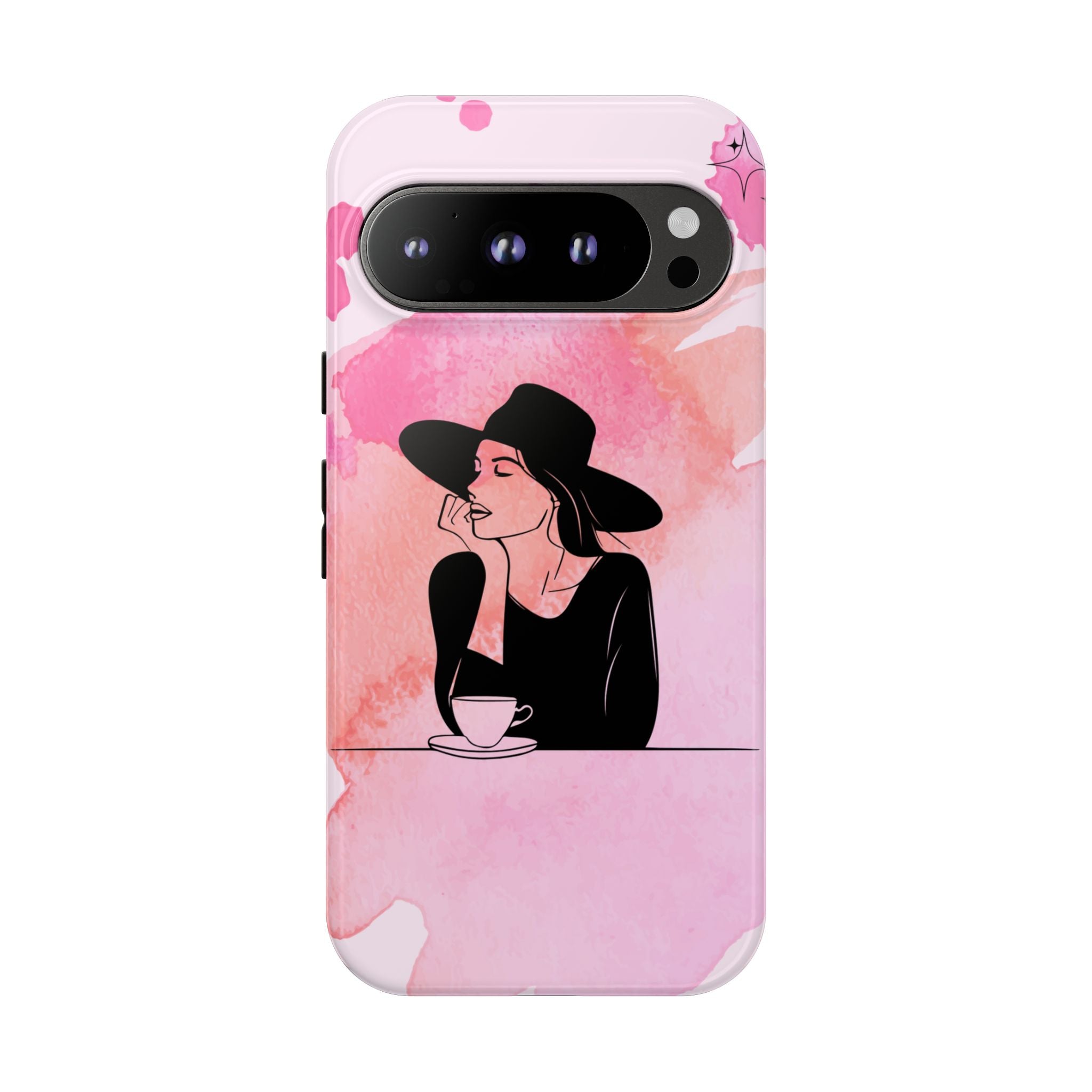Coque de téléphone — Illustration de femme en aquarelle rose, housse de protection pour amateur de café
