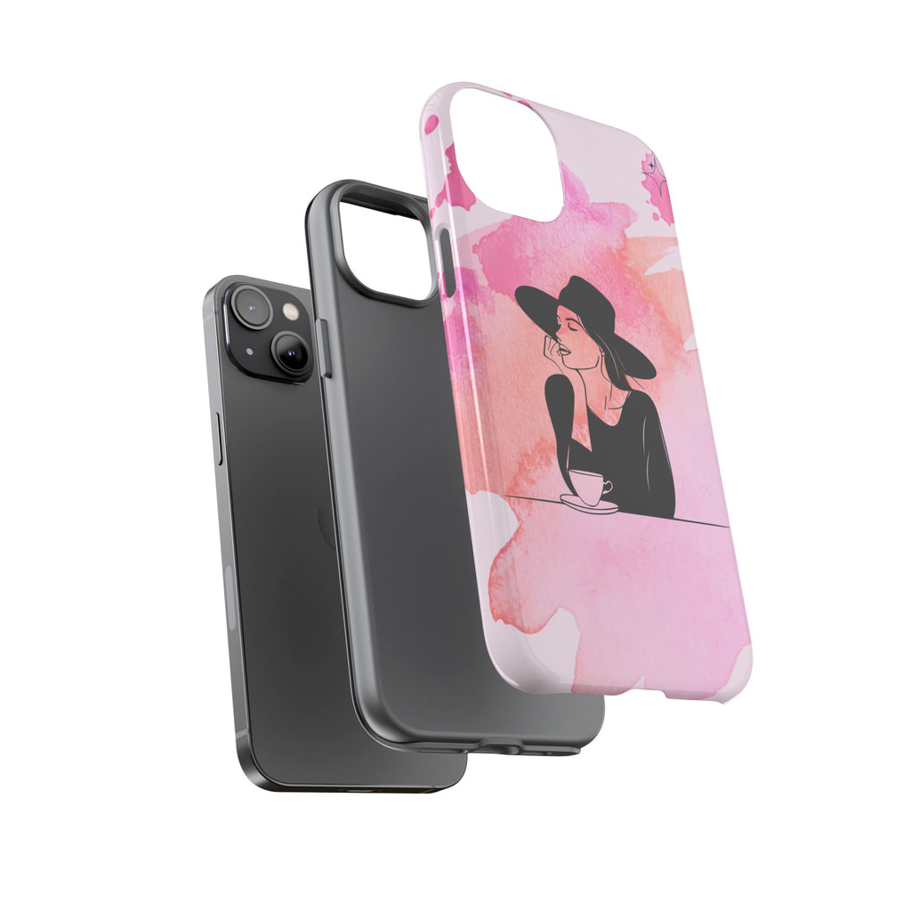 Coque de téléphone — Illustration de femme en aquarelle rose, housse de protection pour amateur de café