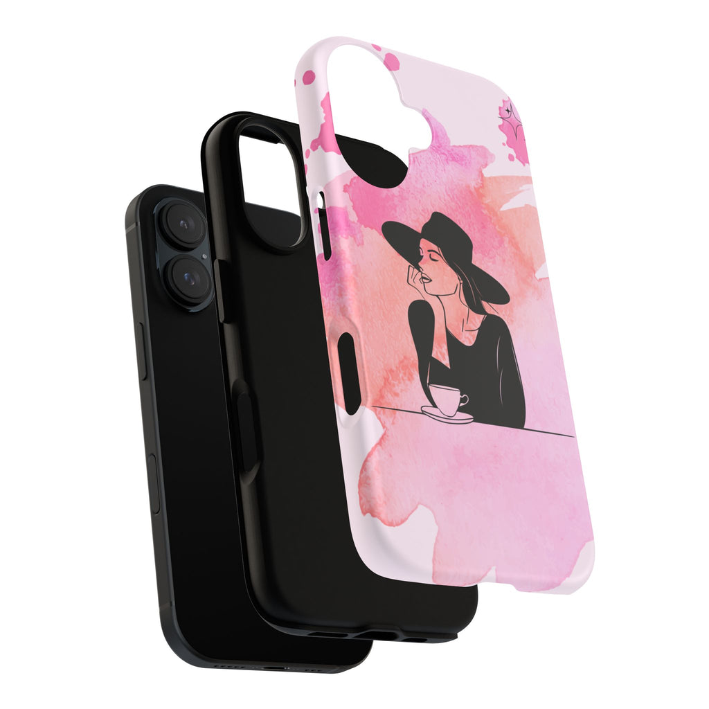 Coque de téléphone — Illustration de femme en aquarelle rose, housse de protection pour amateur de café