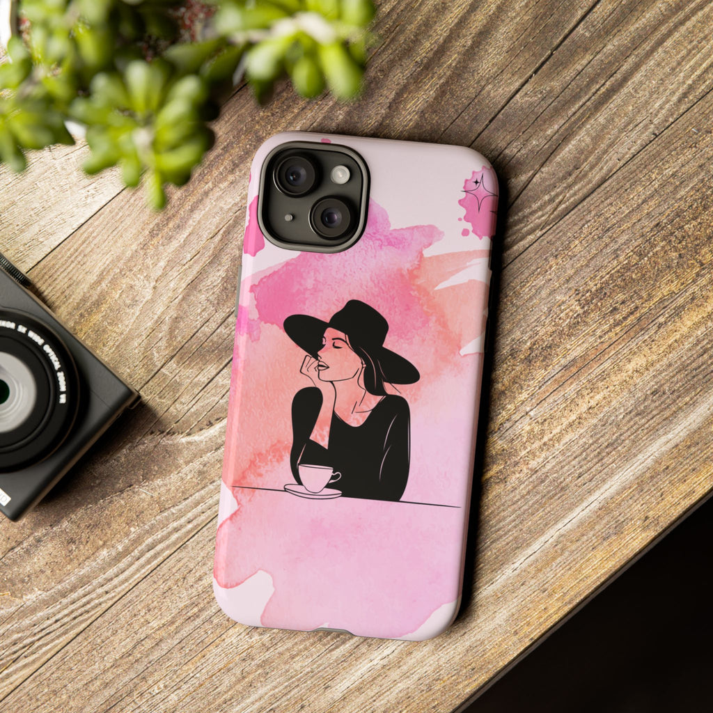Coque de téléphone — Illustration de femme en aquarelle rose, housse de protection pour amateur de café