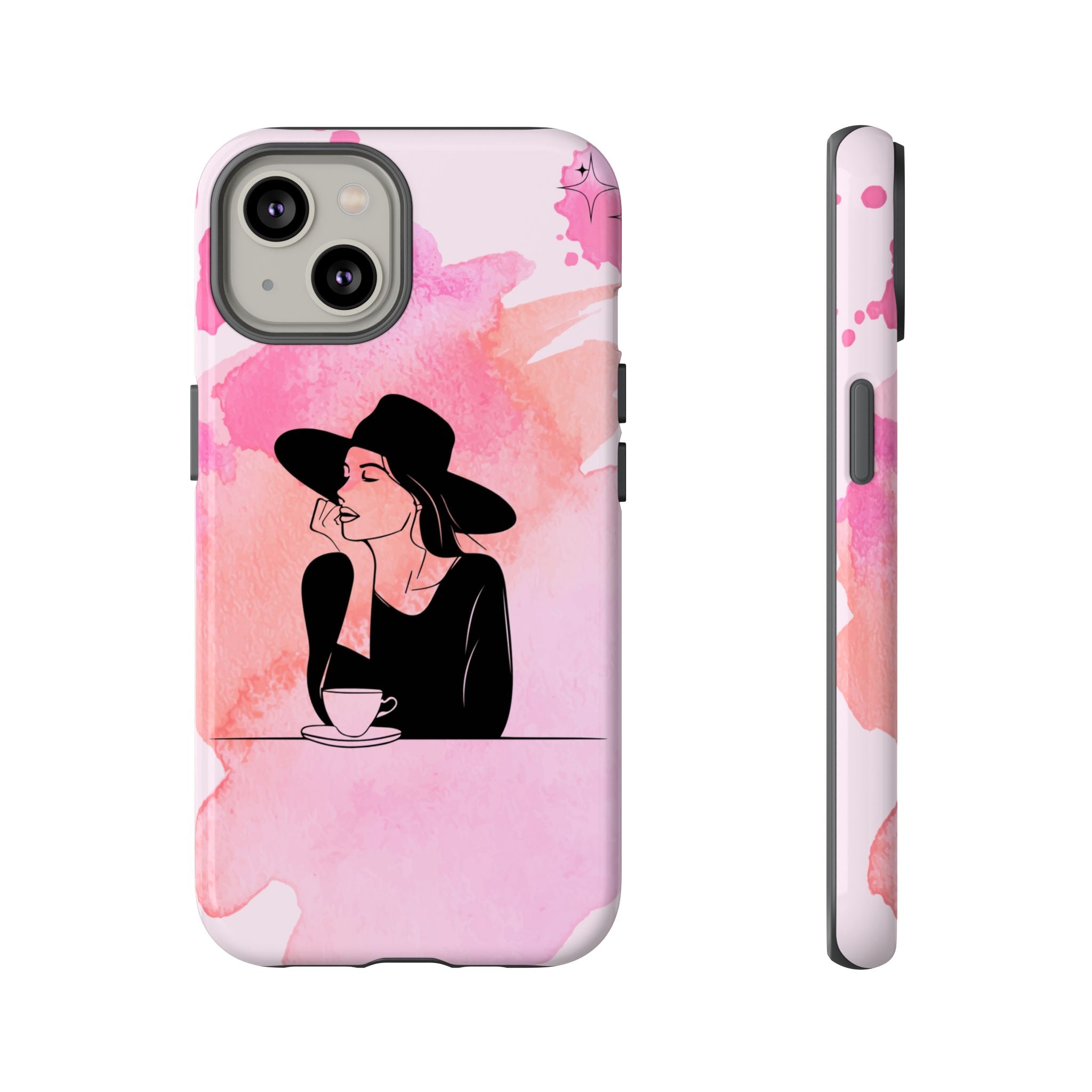 Coque de téléphone — Illustration de femme en aquarelle rose, housse de protection pour amateur de café