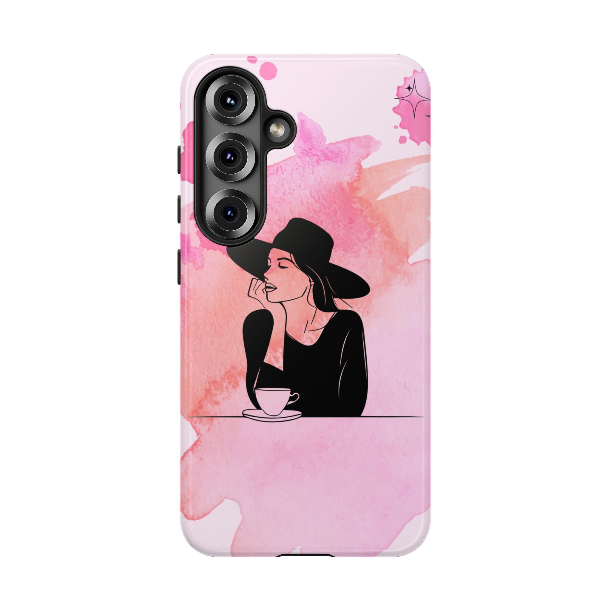 Coque de téléphone — Illustration de femme en aquarelle rose, housse de protection pour amateur de café
