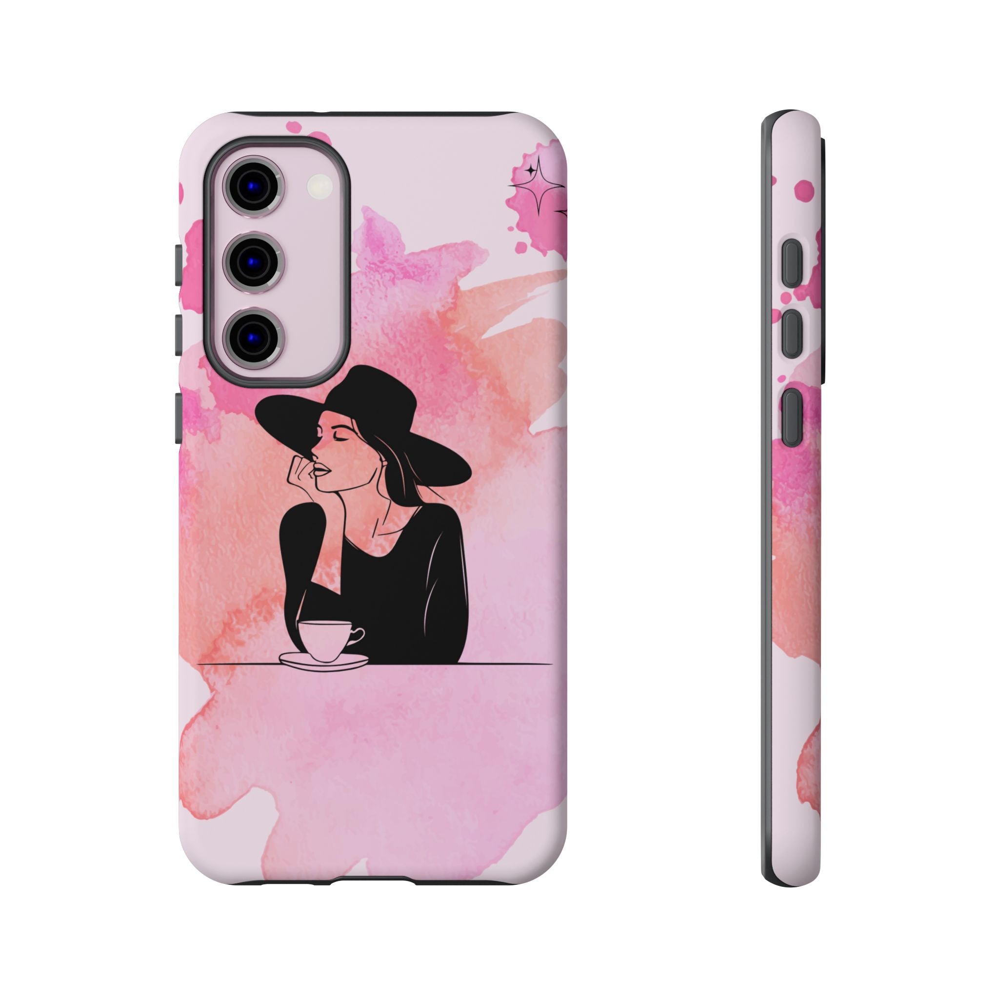 Coque de téléphone — Illustration de femme en aquarelle rose, housse de protection pour amateur de café