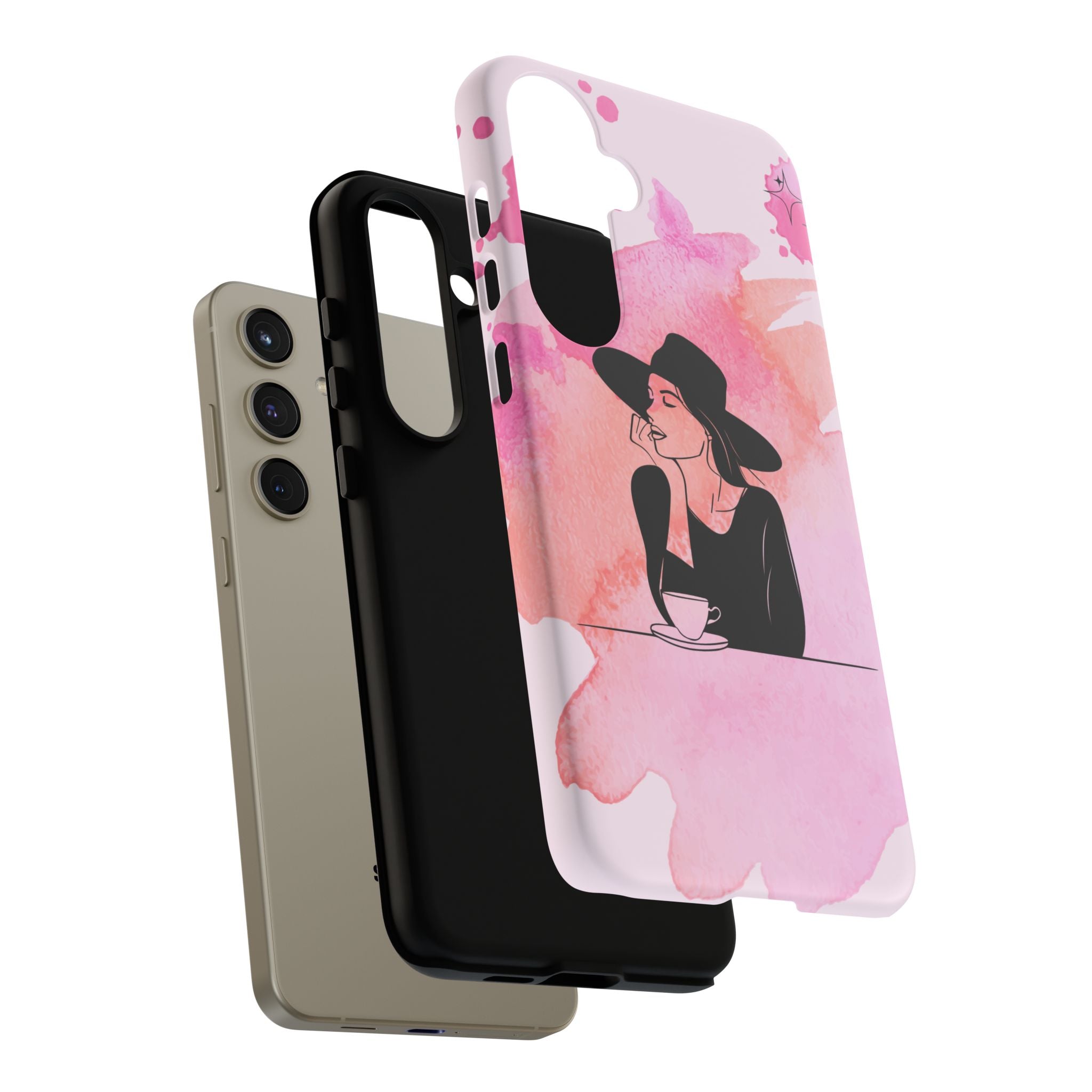 Coque de téléphone — Illustration de femme en aquarelle rose, housse de protection pour amateur de café